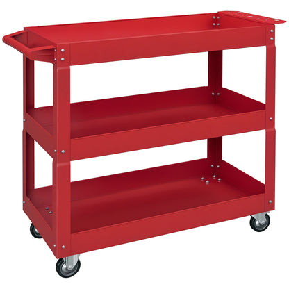 Tool Cart with Wheels Steel Tool Cart with 3 Storage Shelves and Side Handle for Mechanical Garage Home 150 kg Load Capacity 83x35.3x76 cm Red