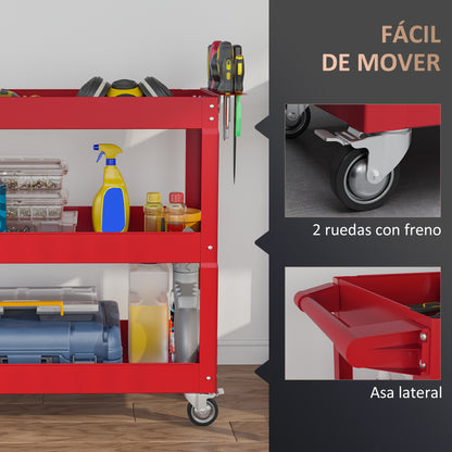 Tool Cart with Wheels Steel Tool Cart with 3 Storage Shelves and Side Handle for Mechanical Garage Home 150 kg Load Capacity 83x35.3x76 cm Red