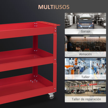 Tool Cart with Wheels Steel Tool Cart with 3 Storage Shelves and Side Handle for Mechanical Garage Home 150 kg Load Capacity 83x35.3x76 cm Red