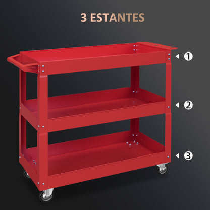 Tool Cart with Wheels Steel Tool Cart with 3 Storage Shelves and Side Handle for Mechanical Garage Home 150 kg Load Capacity 83x35.3x76 cm Red
