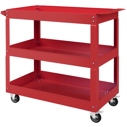 Tool Cart with Wheels Steel Tool Cart with 3 Storage Shelves and Side Handle for Mechanical Garage Home 150 kg Load Capacity 83x35.3x76 cm Red