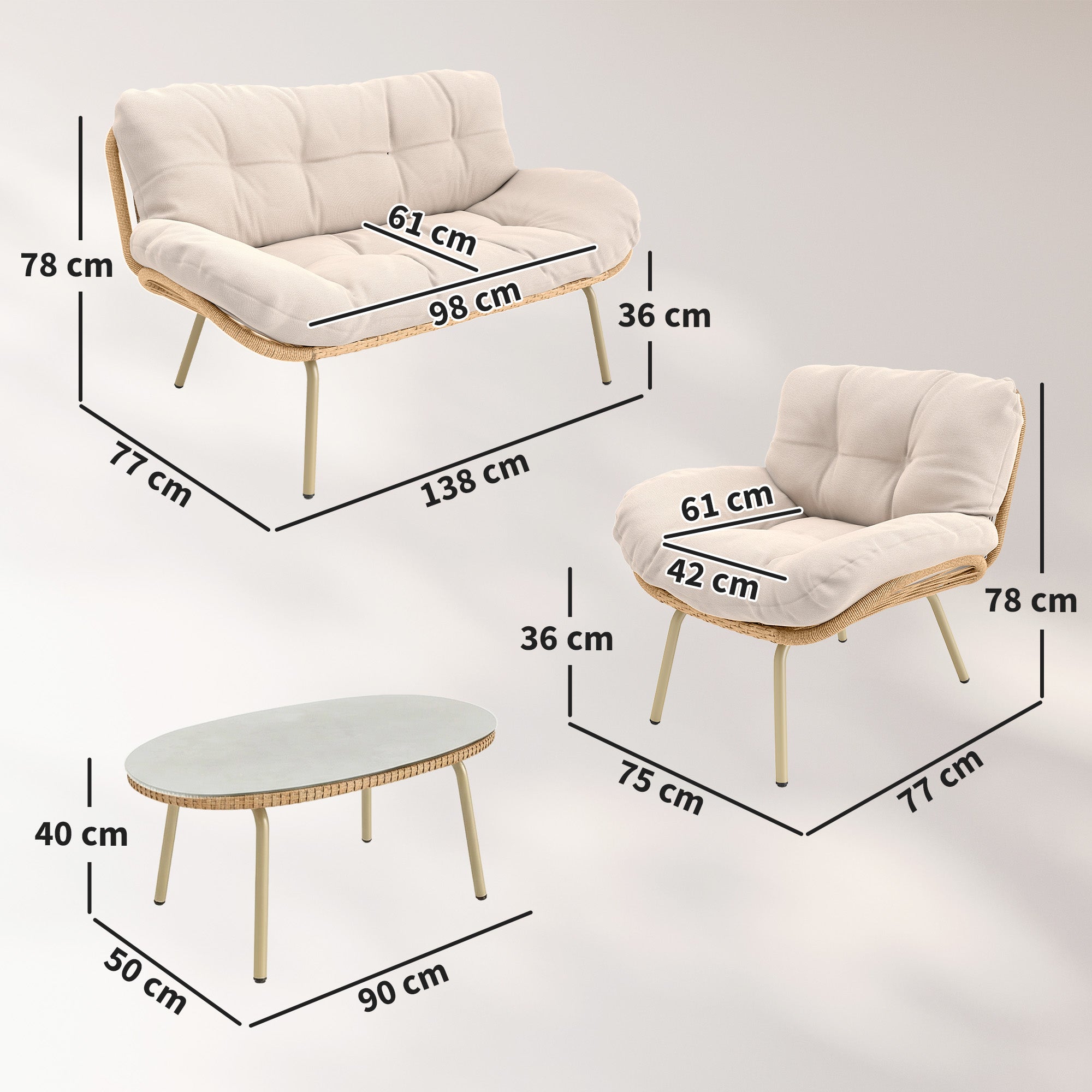 4-Piece Polyrattan Garden Furniture Set – Two-Seater Sofa, 2 Armless Chairs & Oval Table, Deep Seats with Thick Cushions, Plastic Tabletop, Balcony/Patio Seating for 4 — Beige