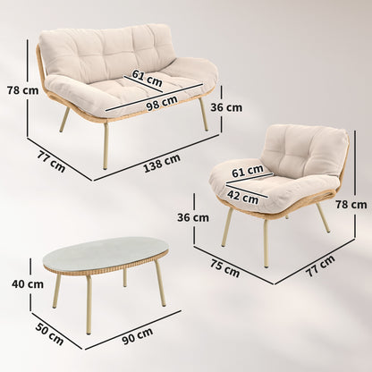 4-Piece Polyrattan Garden Furniture Set – Two-Seater Sofa, 2 Armless Chairs & Oval Table, Deep Seats with Thick Cushions, Plastic Tabletop, Balcony/Patio Seating for 4 — Beige