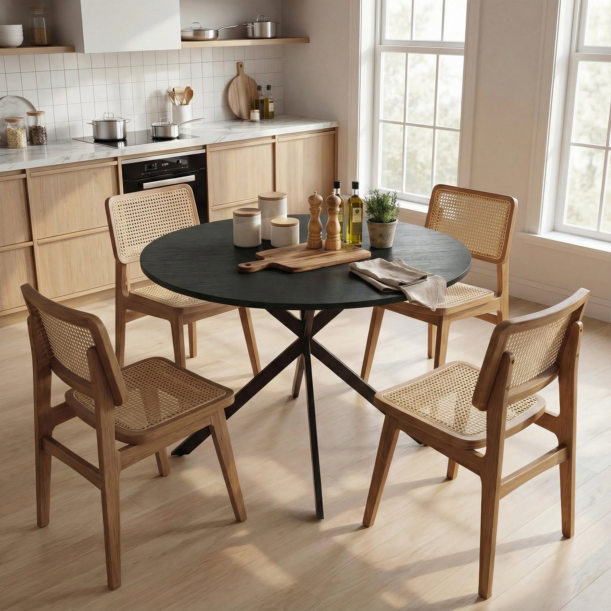 Round Dining Table for 4, 39.4 in Ø Industrial Style with Steel Legs for Dining Room, Kitchen, Home Office, Black