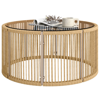 Polyrattan Side Table – Coffee Table with Tempered Glass Top, Powder-Coated Steel Frame for Garden, Terrace, Balcony, 27.6 x 27.6 x 13 in (70 x 70 x 33 cm), Brown