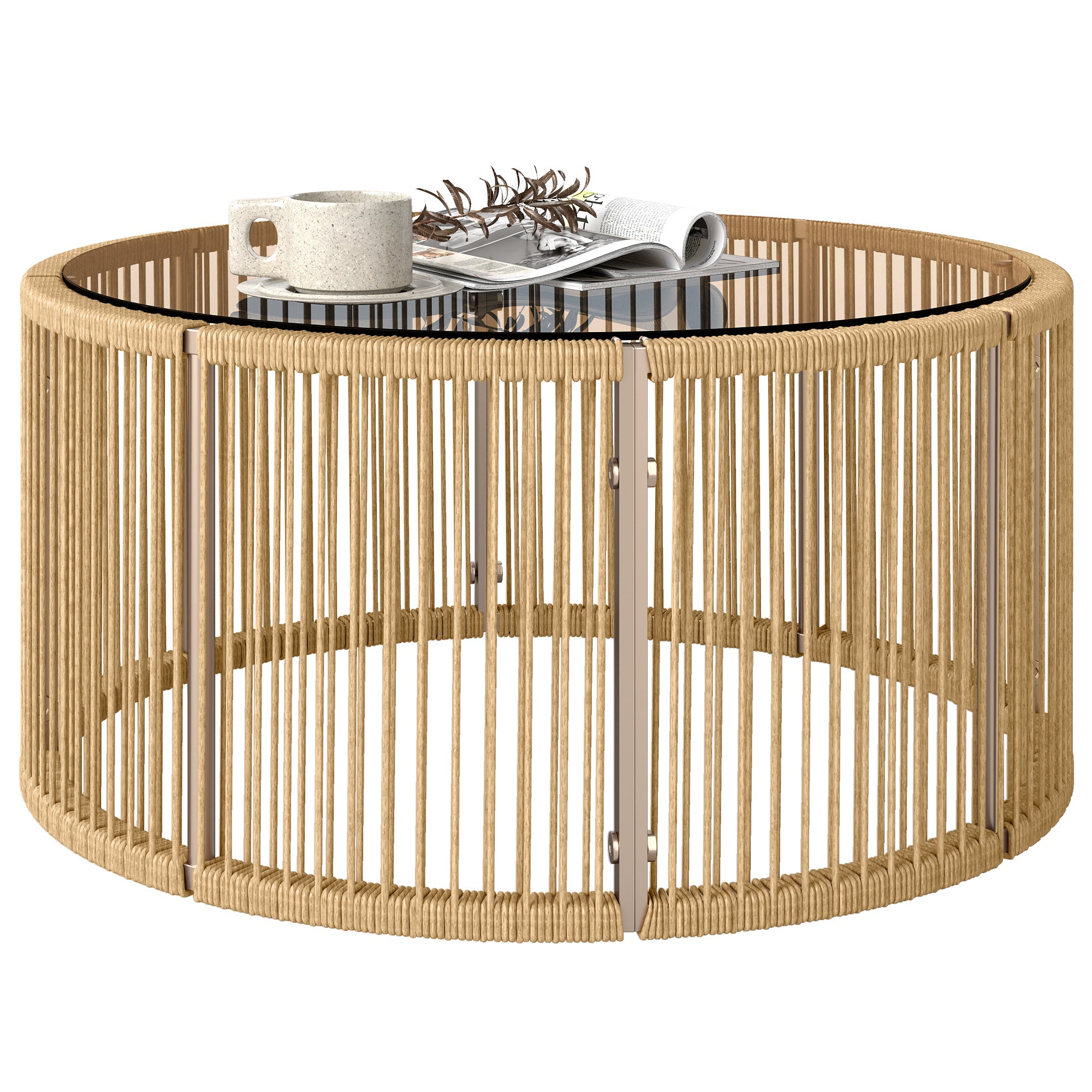 Polyrattan Side Table – Coffee Table with Tempered Glass Top, Powder-Coated Steel Frame for Garden, Terrace, Balcony, 27.6 x 27.6 x 13 in (70 x 70 x 33 cm), Brown