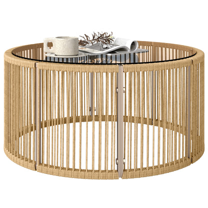 Polyrattan Side Table – Coffee Table with Tempered Glass Top, Powder-Coated Steel Frame for Garden, Terrace, Balcony, 27.6 x 27.6 x 13 in (70 x 70 x 33 cm), Brown