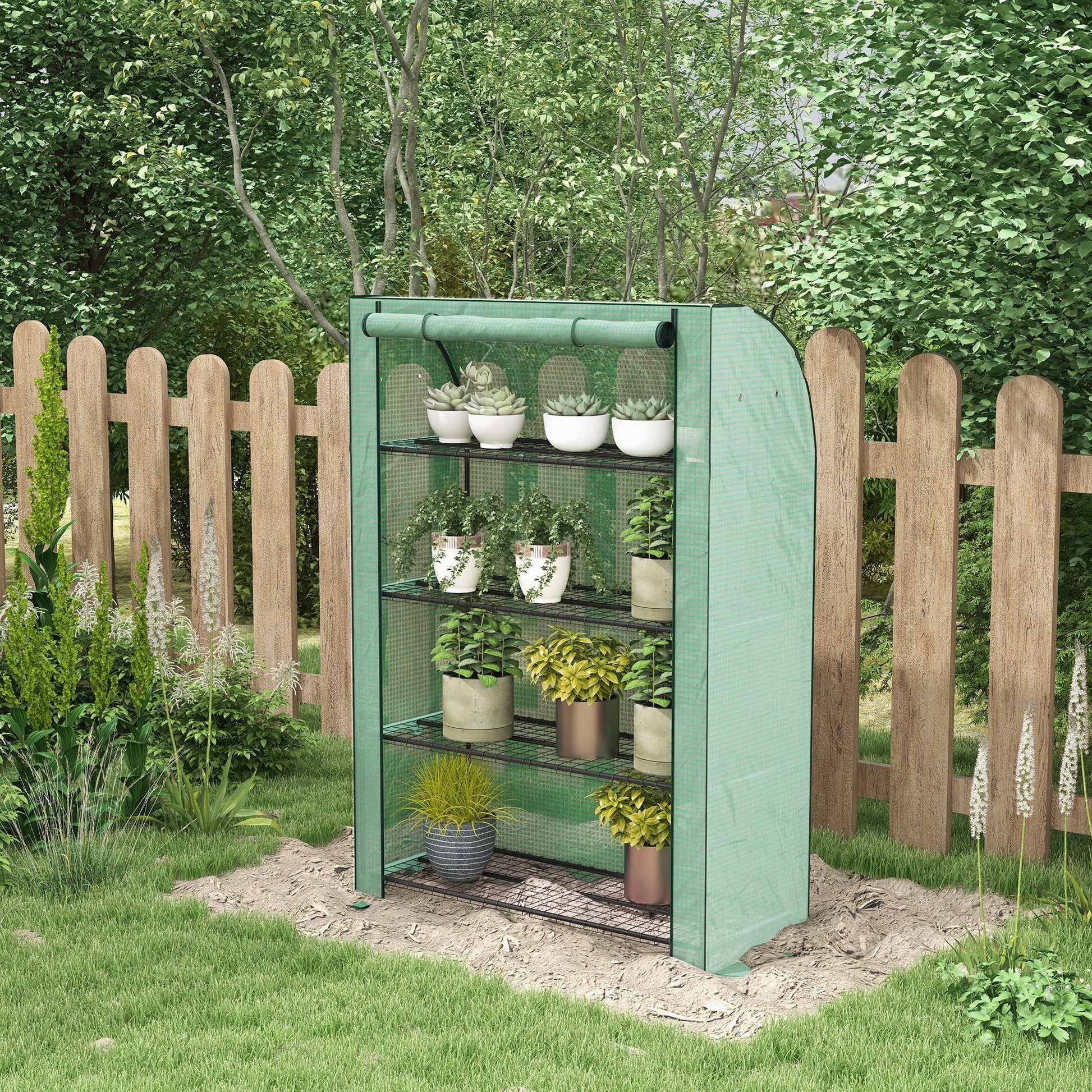 Garden Greenhouse PE with 4 Levels Shelves, Balcony Greenhouse, Reinforced 135 g/m² Cover, Steel Frame, Roll-Up Zippered Door, for Vegetables Plants Flowers, 120 x 50 x 170 cm, Green