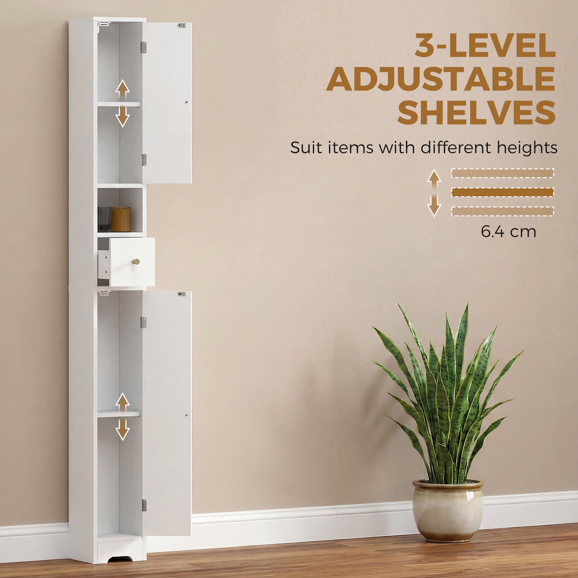 Slim Tall Bathroom Cabinet with Drawer, Arched Doors & Open Shelf, Adjustable Shelves — 7.9 in W x 7.9 in D x 72.8 in H (20 x 20 x 185 cm), White