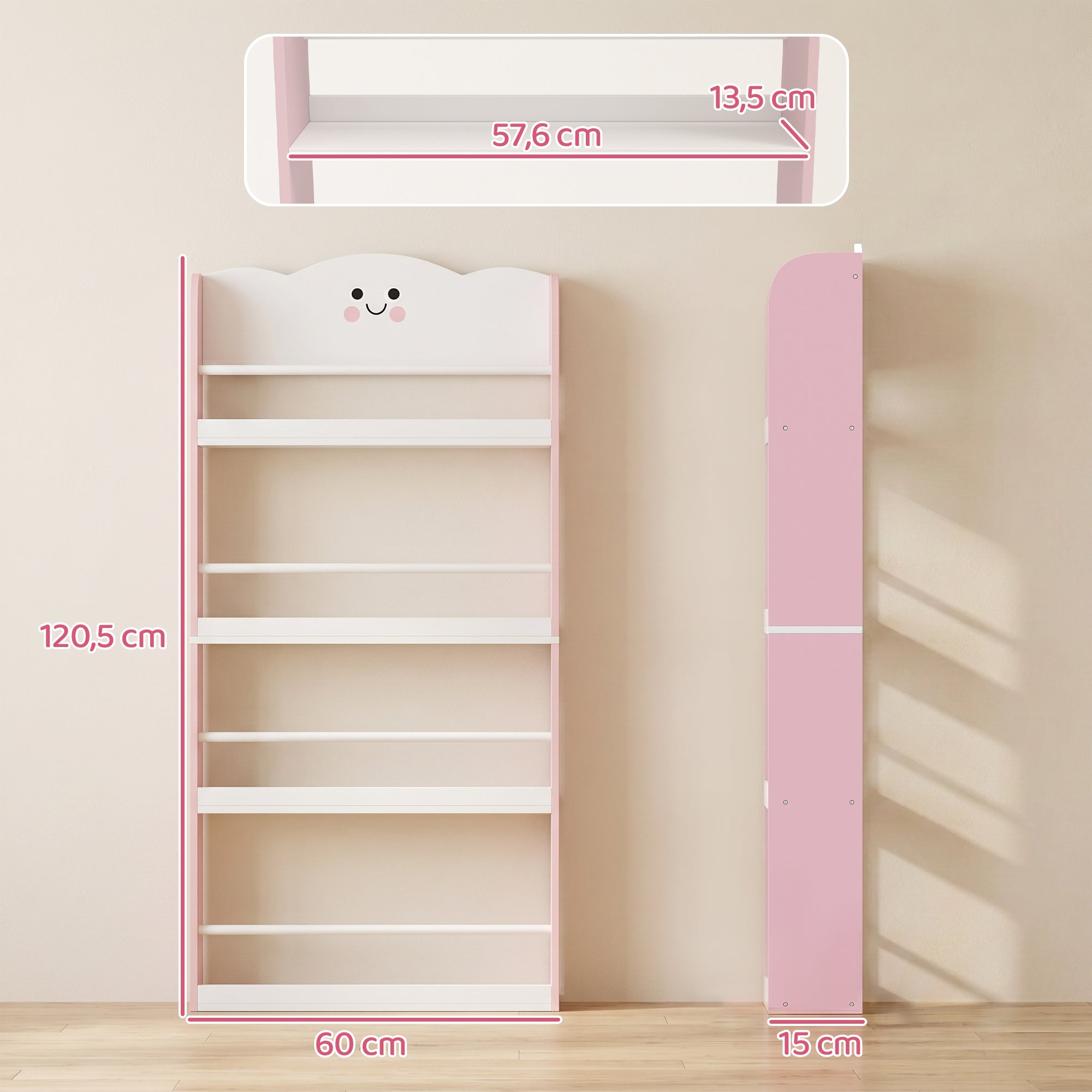 Wall-Mounted Kids Bookshelf, 4-Tier Pink Cotton Candy-Themed Storage Shelf for Playroom & Bedroom