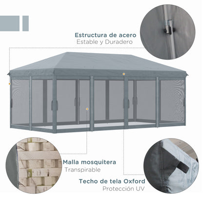 Pop-Up Folding Gazebo 6x3 m with 6 Anti-UV Mesh Sidewalls and Carrying Bag for Camping Parties Gray