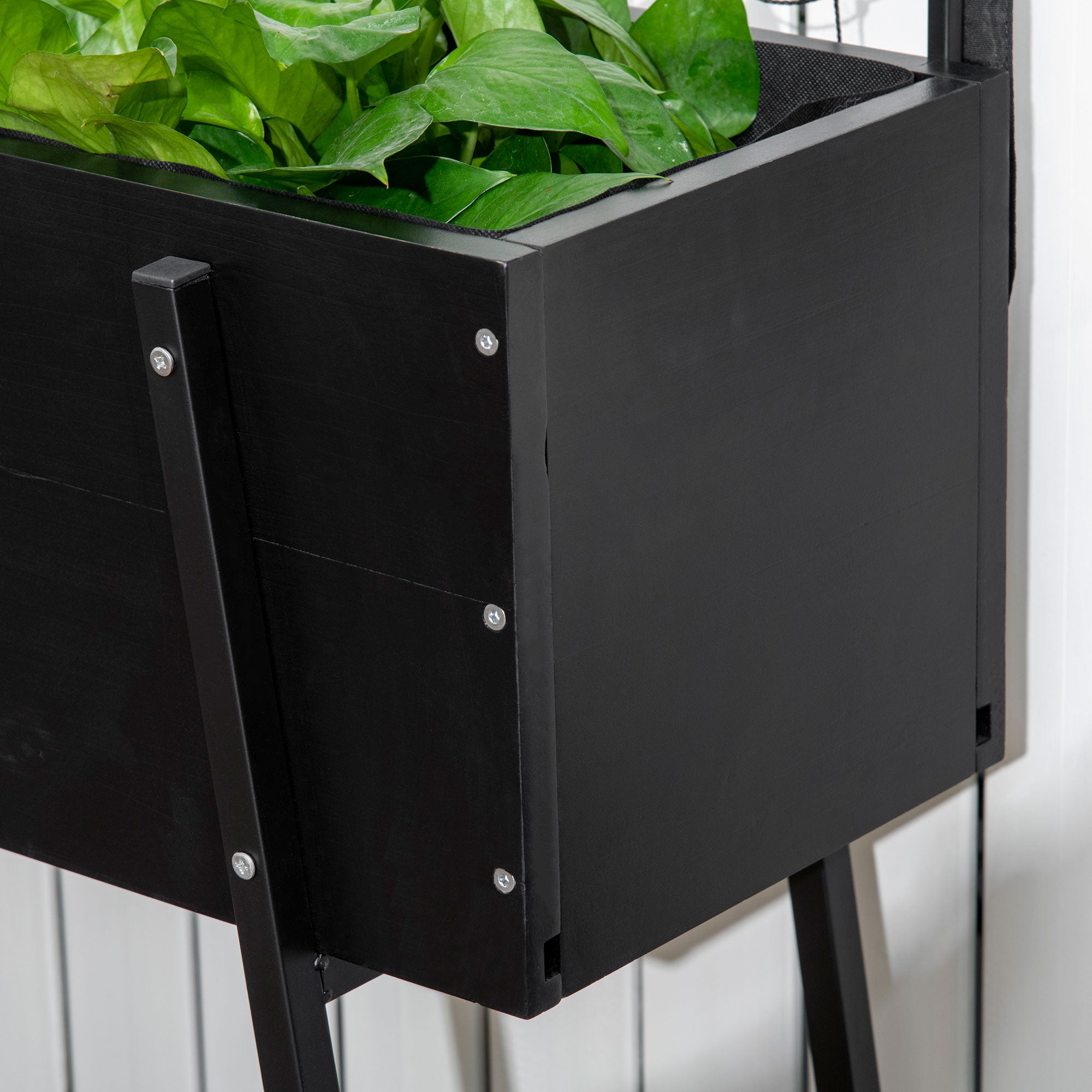 Raised Planter with Lower Shelf and Grid Trellis for Plants and Flowers - dim. 89L x 34W x 168H cm - wood and metal - black