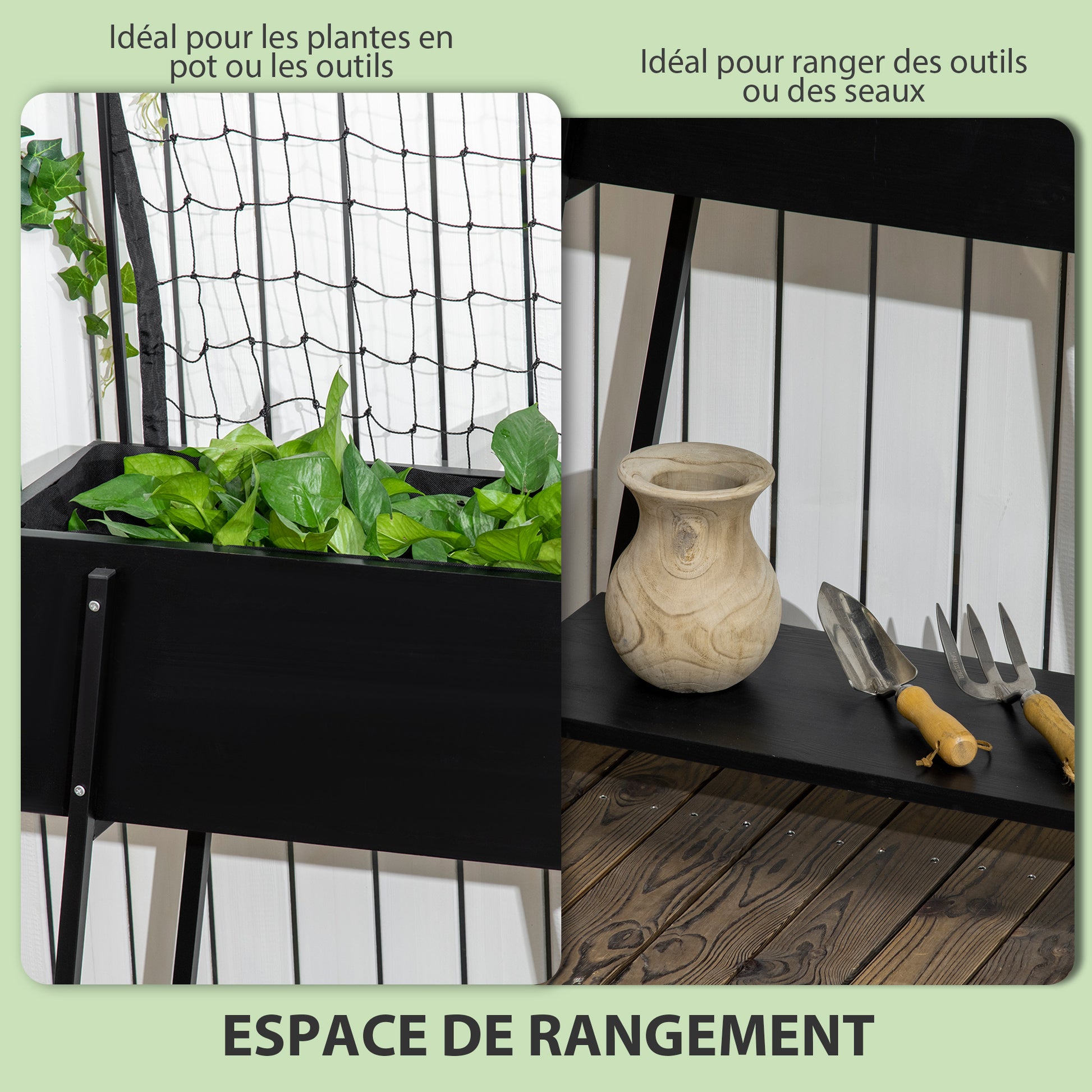 Raised Planter with Lower Shelf and Grid Trellis for Plants and Flowers - dim. 89L x 34W x 168H cm - wood and metal - black