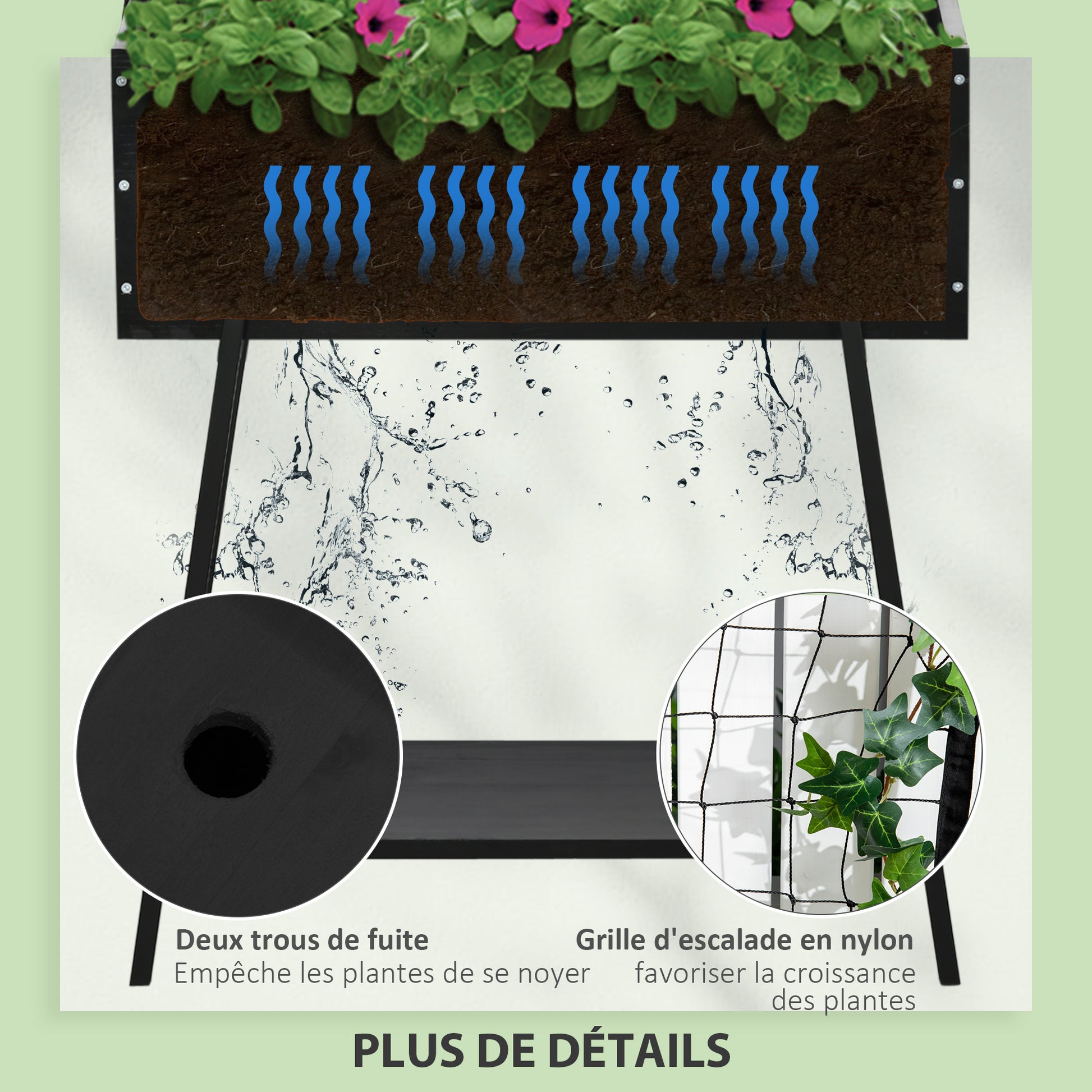 Raised Planter with Lower Shelf and Grid Trellis for Plants and Flowers - dim. 89L x 34W x 168H cm - wood and metal - black