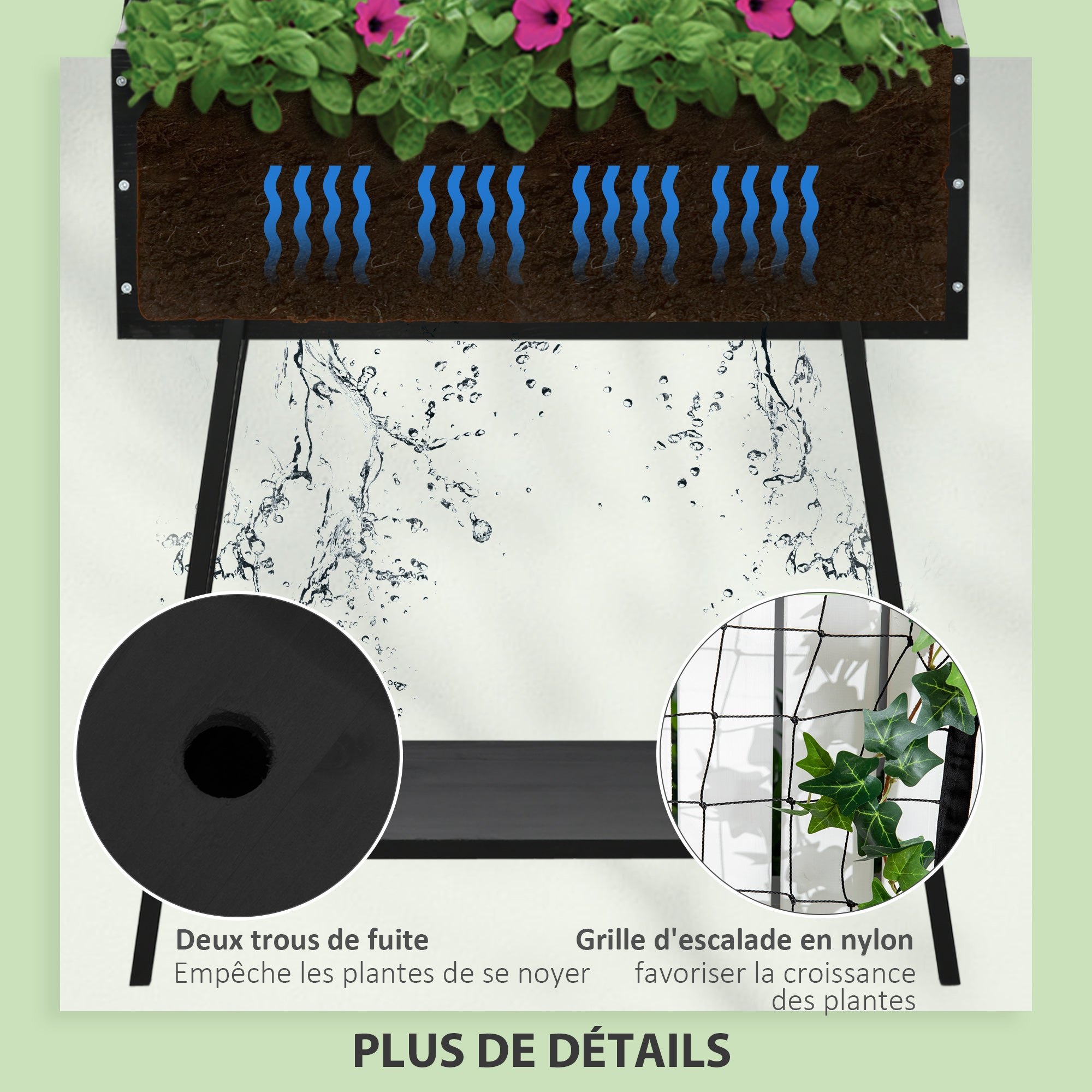 Raised Planter with Lower Shelf and Grid Trellis for Plants and Flowers - dim. 89L x 34W x 168H cm - wood and metal - black