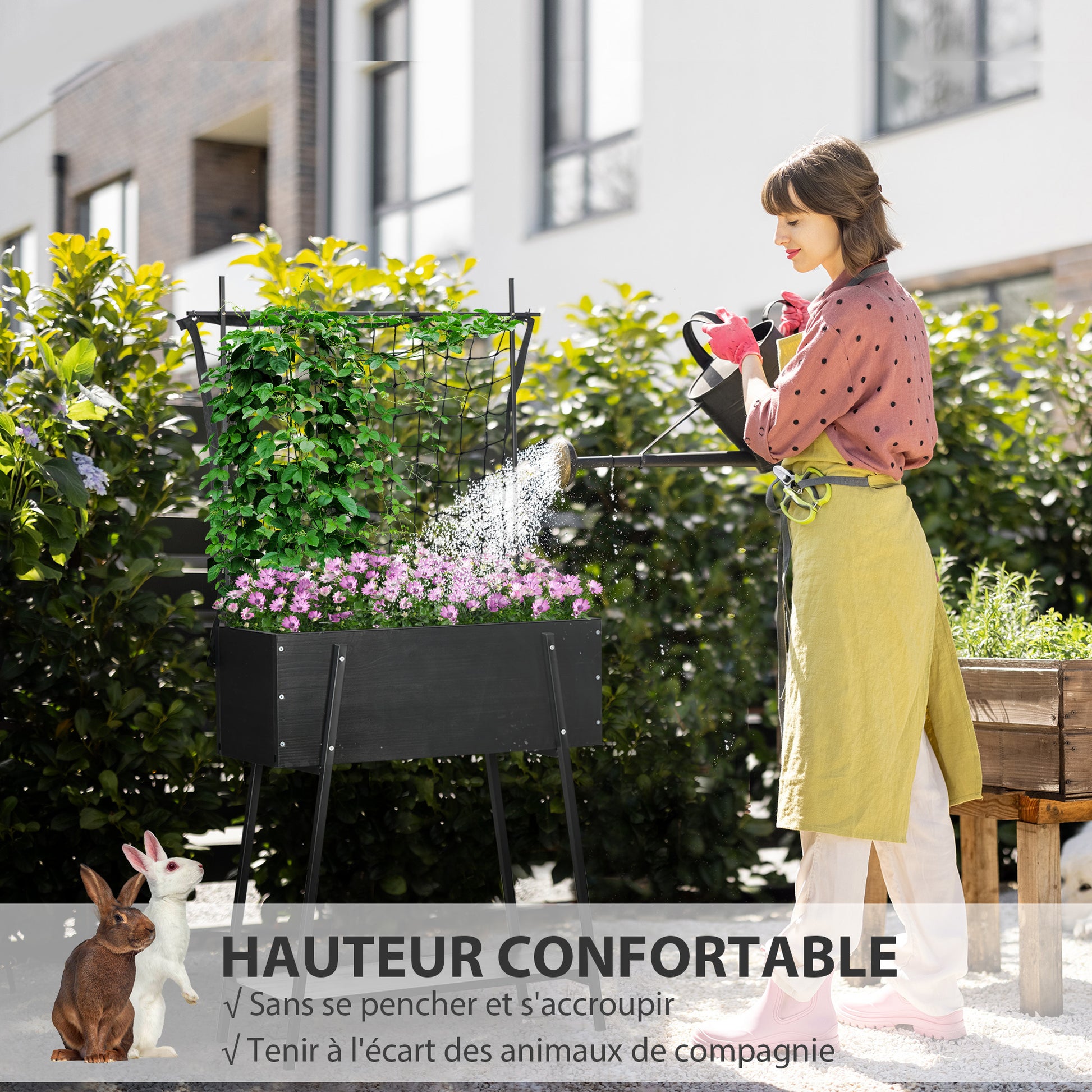 Raised Planter with Lower Shelf and Grid Trellis for Plants and Flowers - dim. 89L x 34W x 168H cm - wood and metal - black