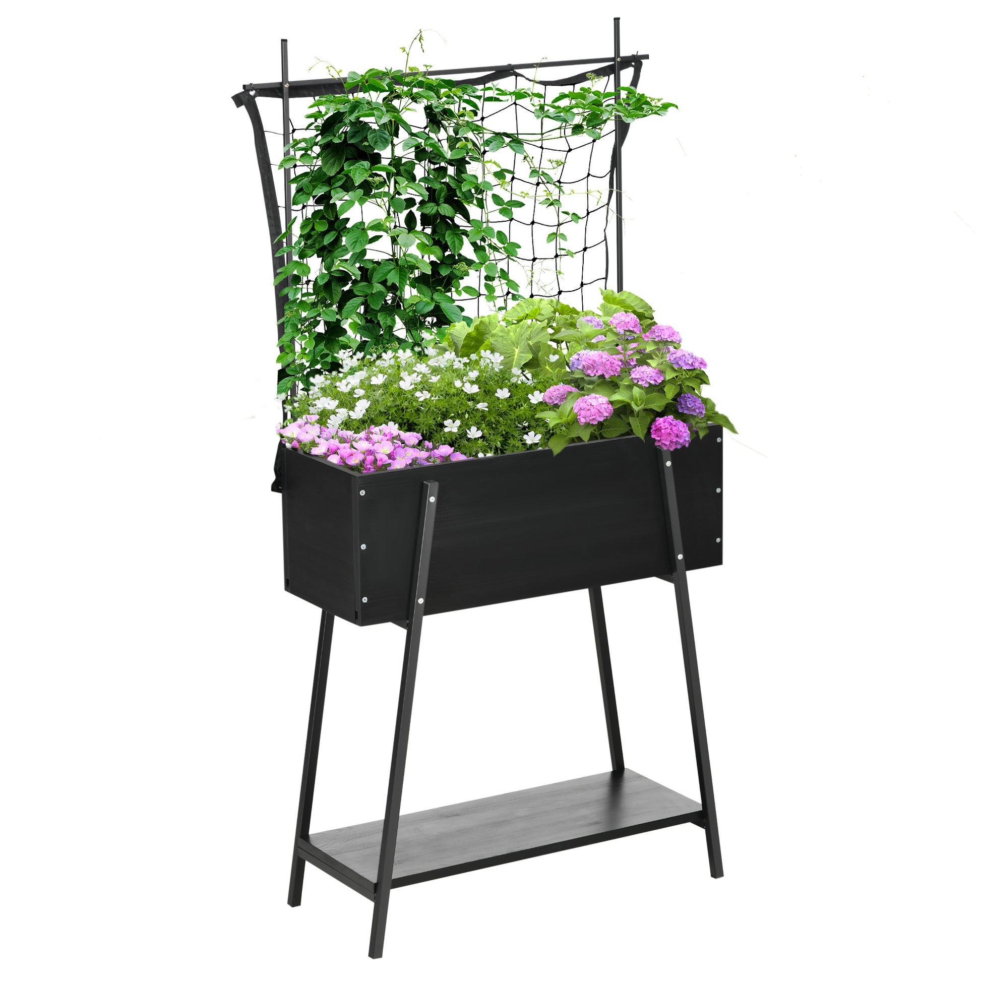 Raised Planter with Lower Shelf and Grid Trellis for Plants and Flowers - dim. 89L x 34W x 168H cm - wood and metal - black