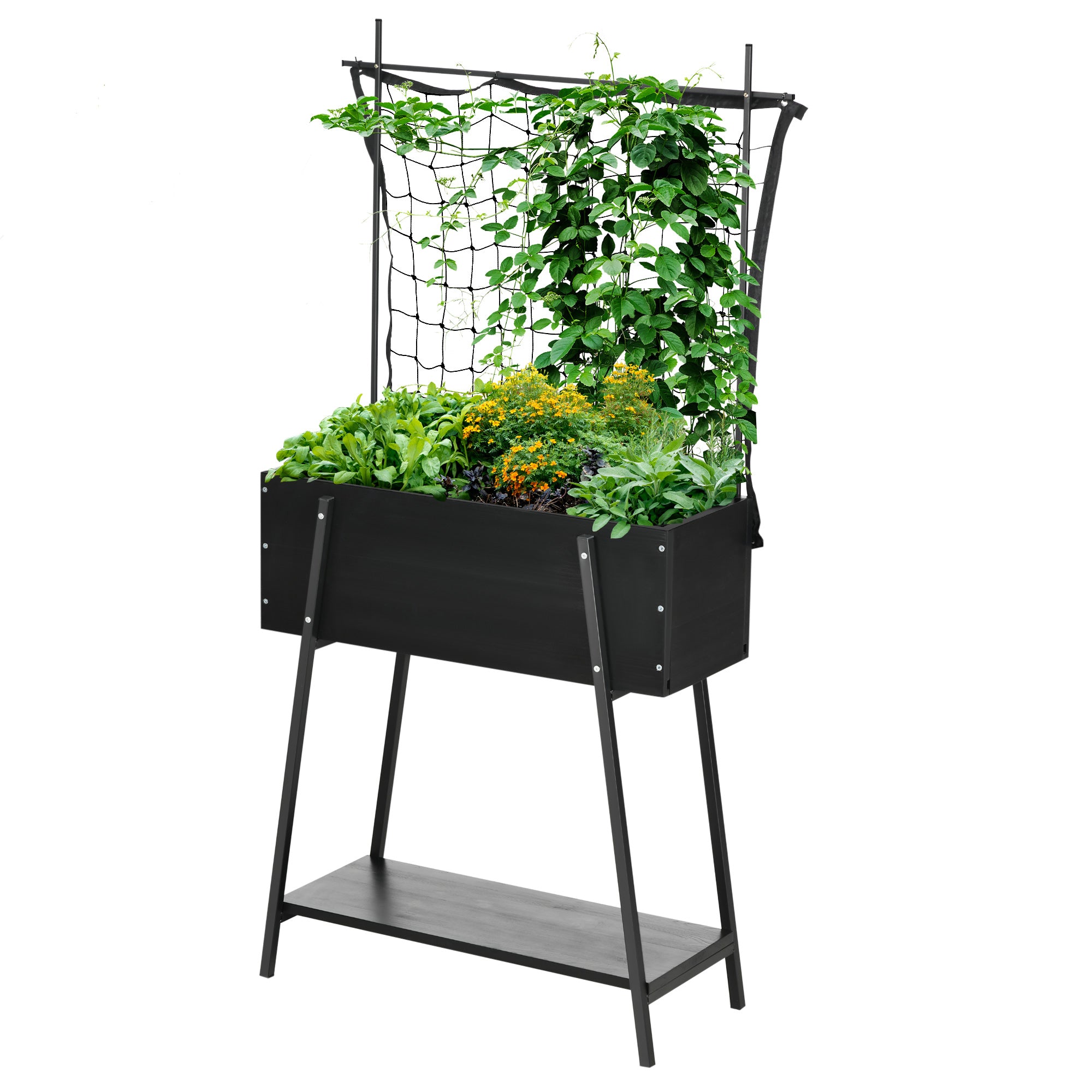 Raised Planter with Lower Shelf and Grid Trellis for Plants and Flowers - dim. 89L x 34W x 168H cm - wood and metal - black