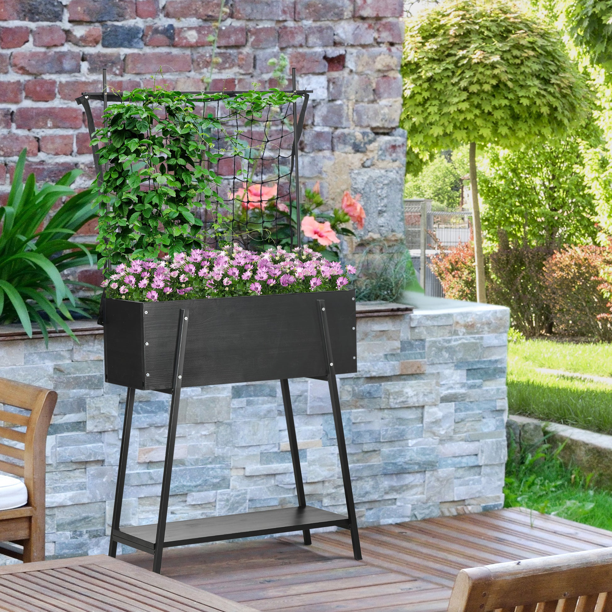 Raised Planter with Lower Shelf and Grid Trellis for Plants and Flowers - dim. 89L x 34W x 168H cm - wood and metal - black