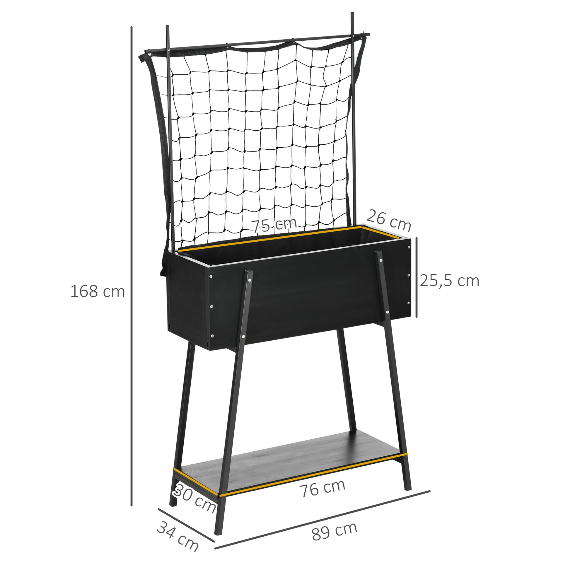 Raised Planter with Lower Shelf and Grid Trellis for Plants and Flowers - dim. 89L x 34W x 168H cm - wood and metal - black