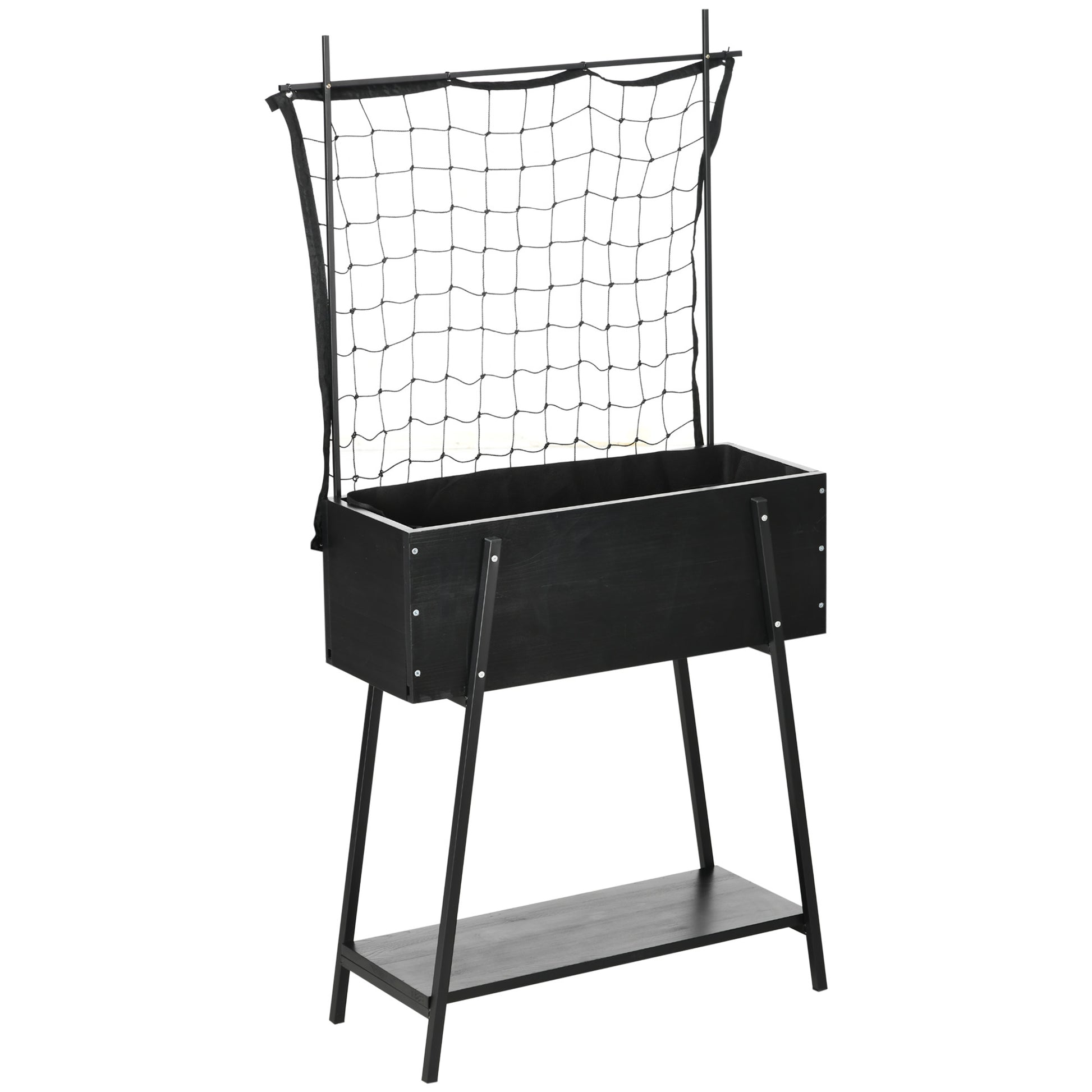 Raised Planter with Lower Shelf and Grid Trellis for Plants and Flowers - dim. 89L x 34W x 168H cm - wood and metal - black