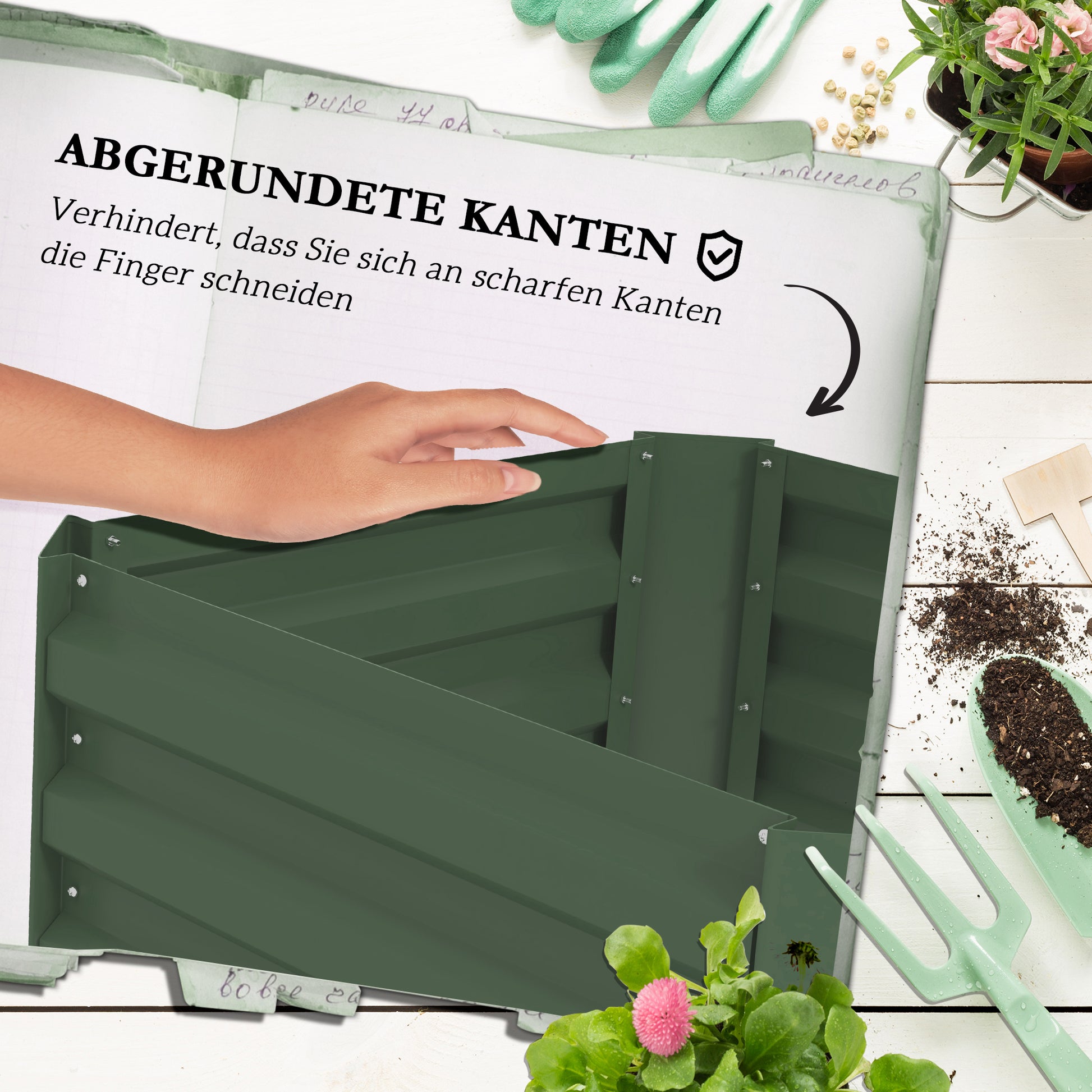 Raised Bed with Trellis, Flower Box with Open Bottom, Vegetable Bed, Plant Box, Herb Bed for Garden, Balcony, Galvanized Steel, Green, 61 x 61 x 140 cm