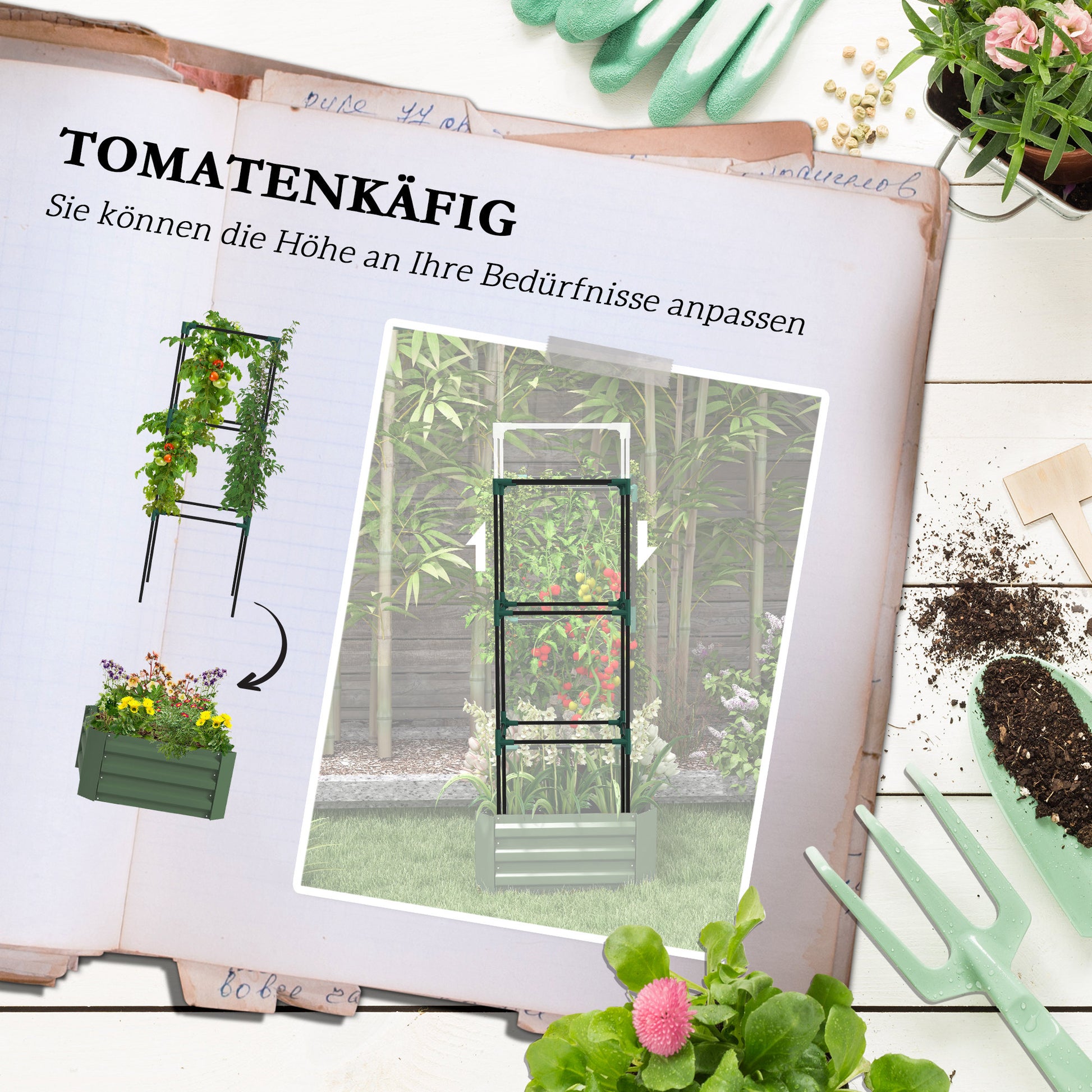 Raised Bed with Trellis, Flower Box with Open Bottom, Vegetable Bed, Plant Box, Herb Bed for Garden, Balcony, Galvanized Steel, Green, 61 x 61 x 140 cm