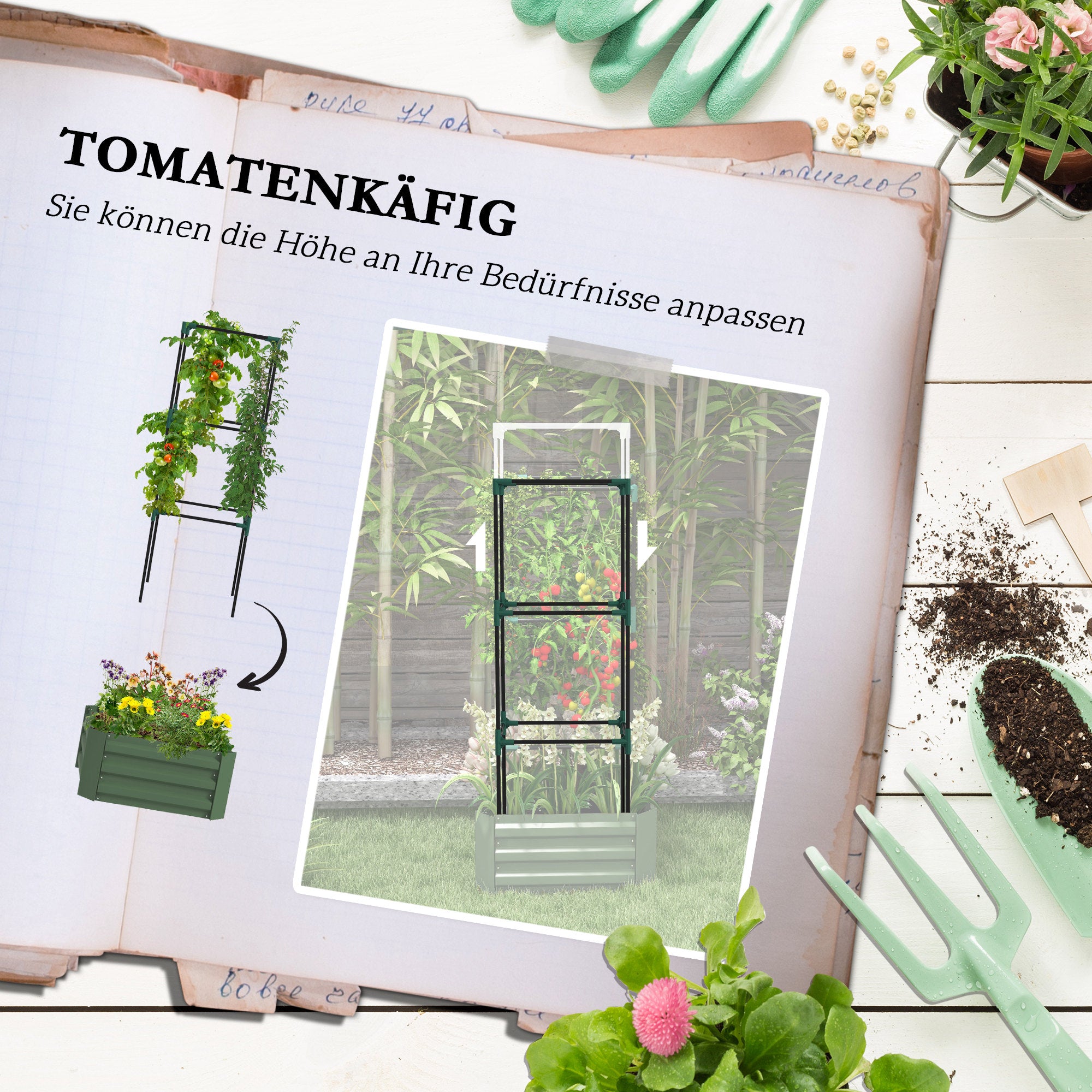 Raised Bed with Trellis, Flower Box with Open Bottom, Vegetable Bed, Plant Box, Herb Bed for Garden, Balcony, Galvanized Steel, Green, 61 x 61 x 140 cm