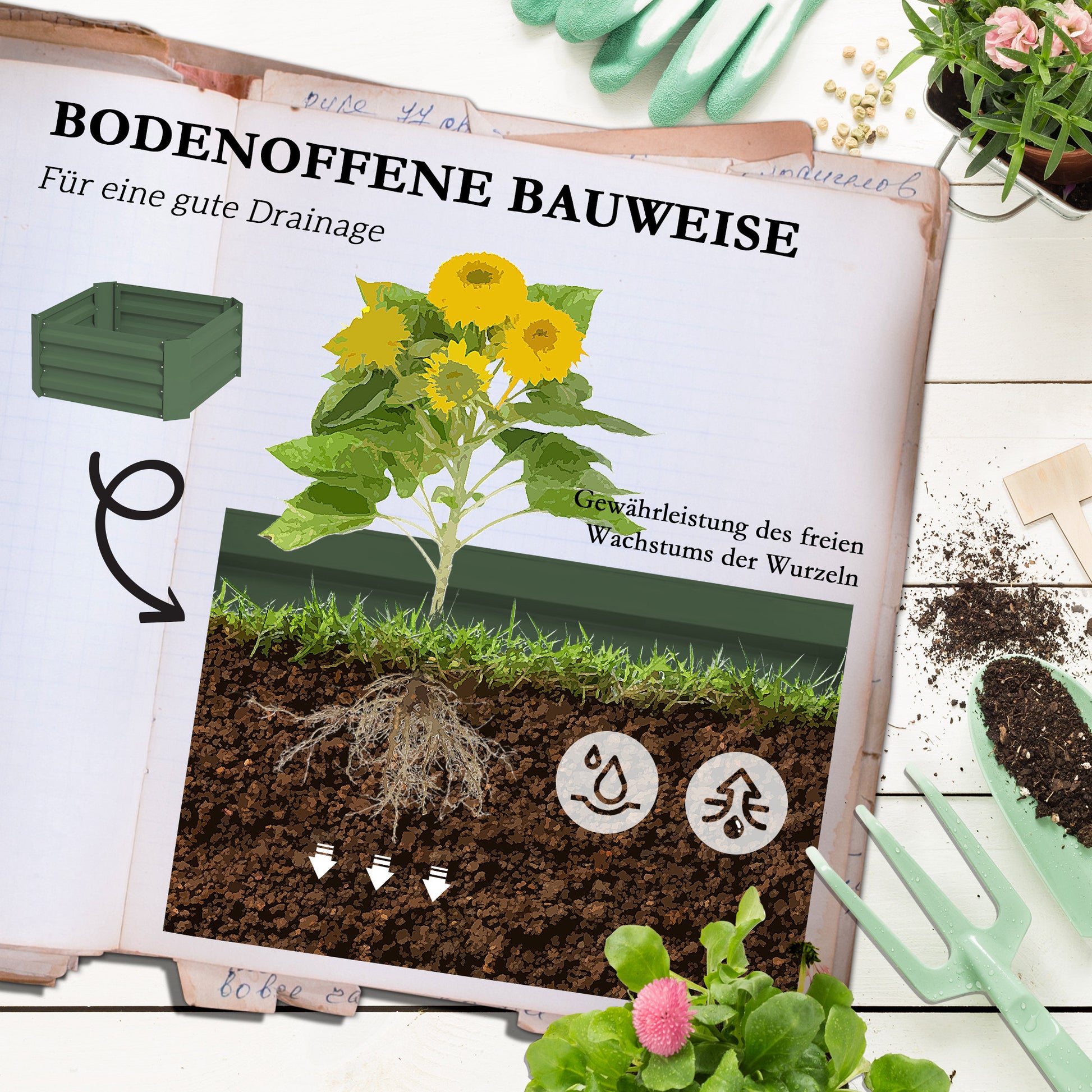 Raised Bed with Trellis, Flower Box with Open Bottom, Vegetable Bed, Plant Box, Herb Bed for Garden, Balcony, Galvanized Steel, Green, 61 x 61 x 140 cm