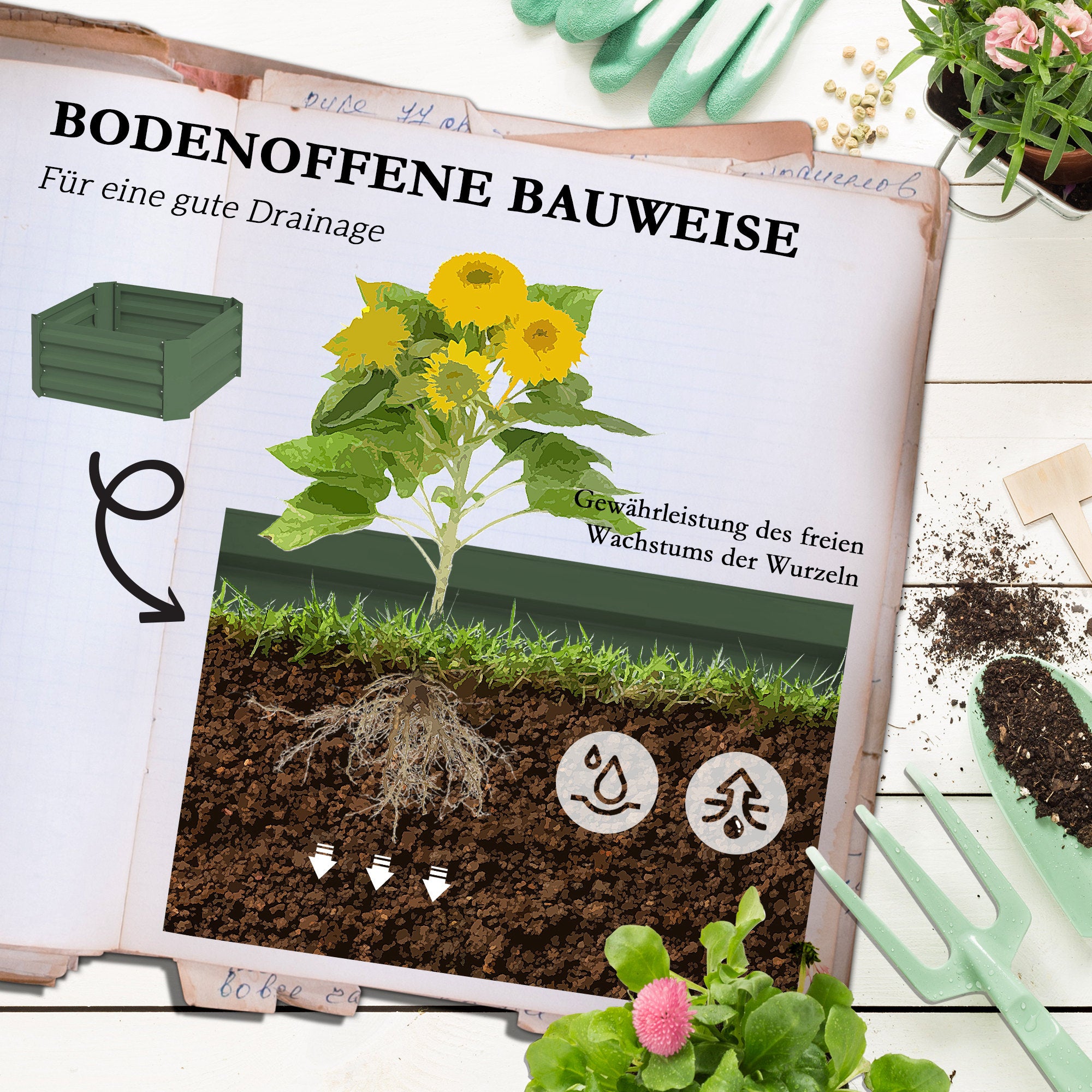 Raised Bed with Trellis, Flower Box with Open Bottom, Vegetable Bed, Plant Box, Herb Bed for Garden, Balcony, Galvanized Steel, Green, 61 x 61 x 140 cm