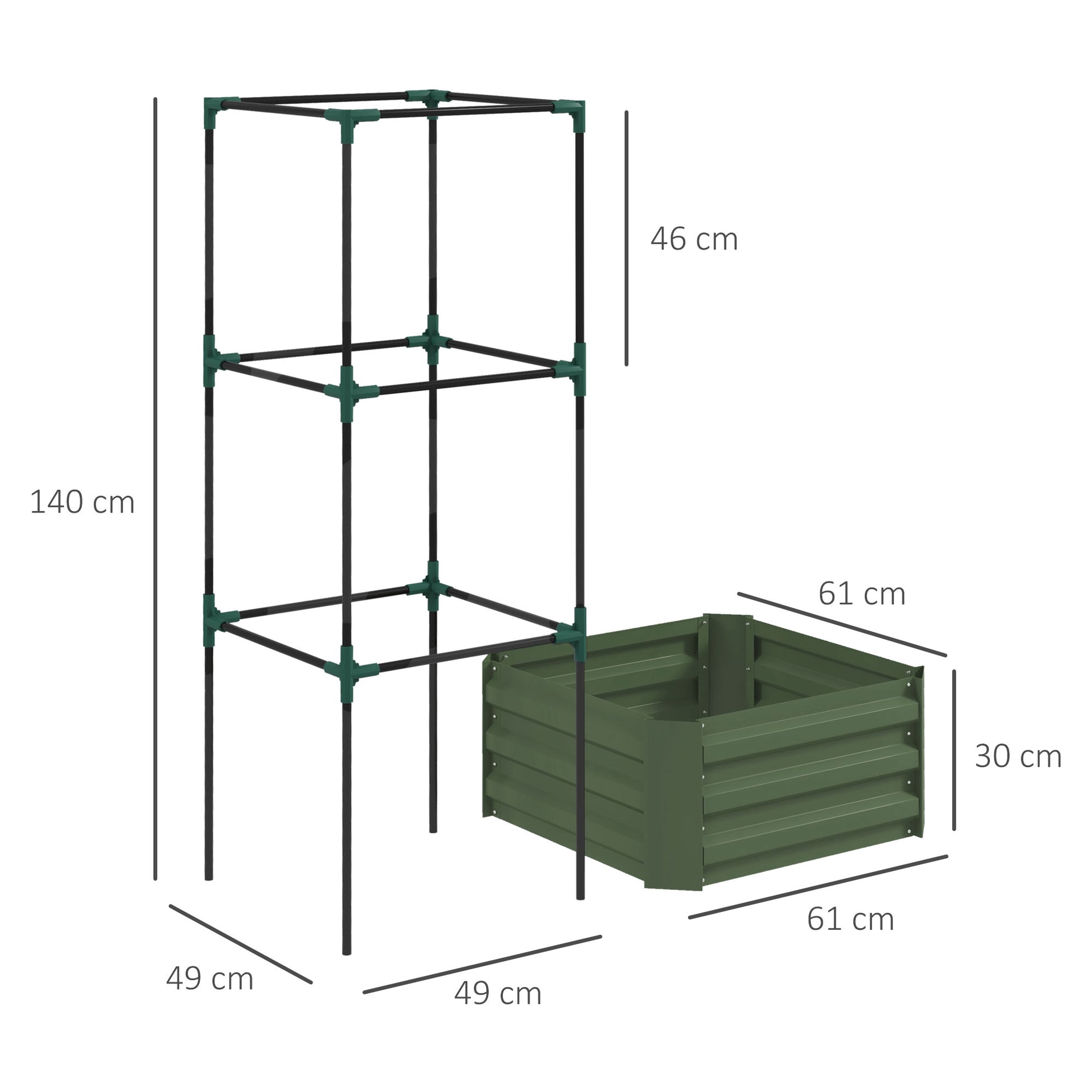 Raised Bed with Trellis, Flower Box with Open Bottom, Vegetable Bed, Plant Box, Herb Bed for Garden, Balcony, Galvanized Steel, Green, 61 x 61 x 140 cm