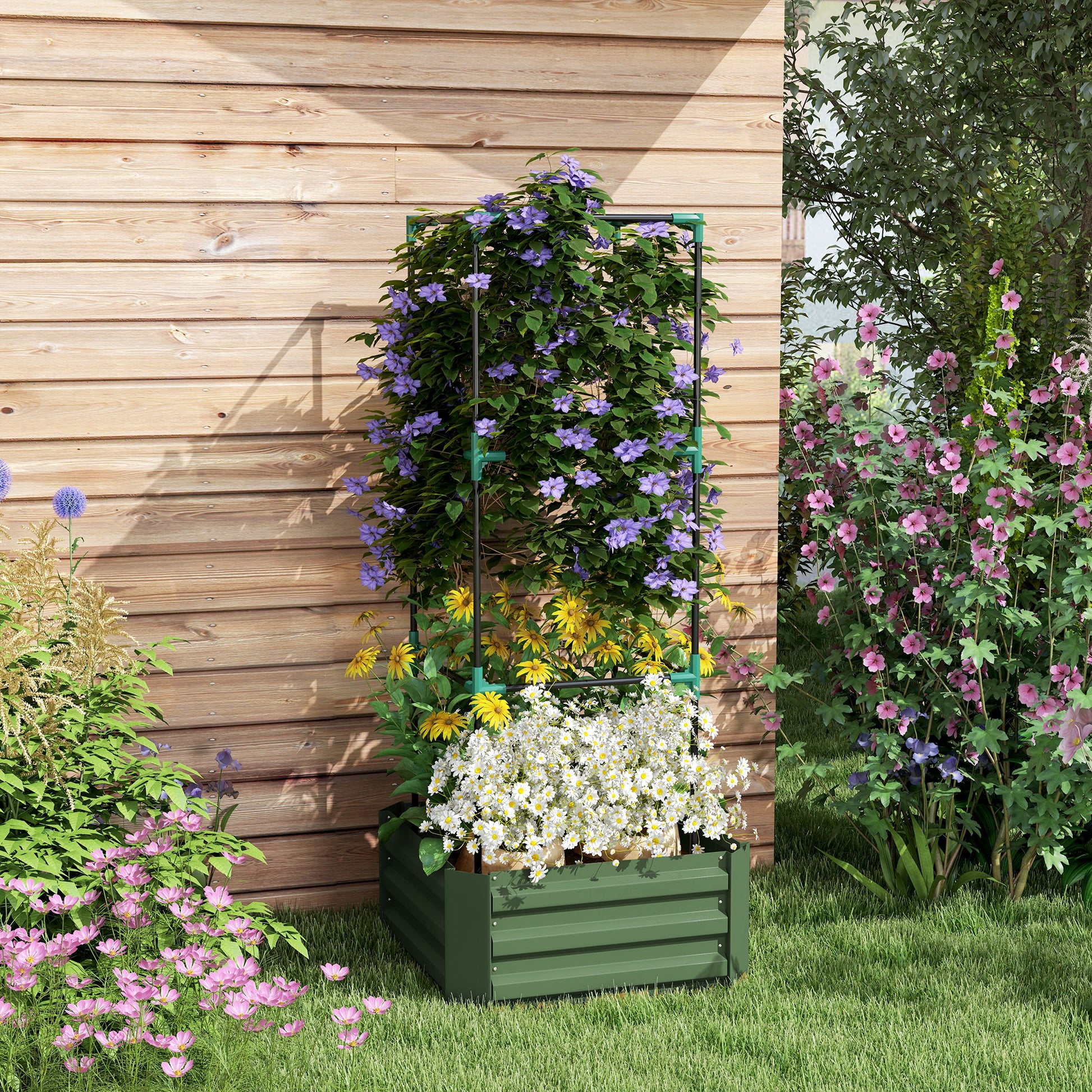 Raised Bed with Trellis, Flower Box with Open Bottom, Vegetable Bed, Plant Box, Herb Bed for Garden, Balcony, Galvanized Steel, Green, 61 x 61 x 140 cm