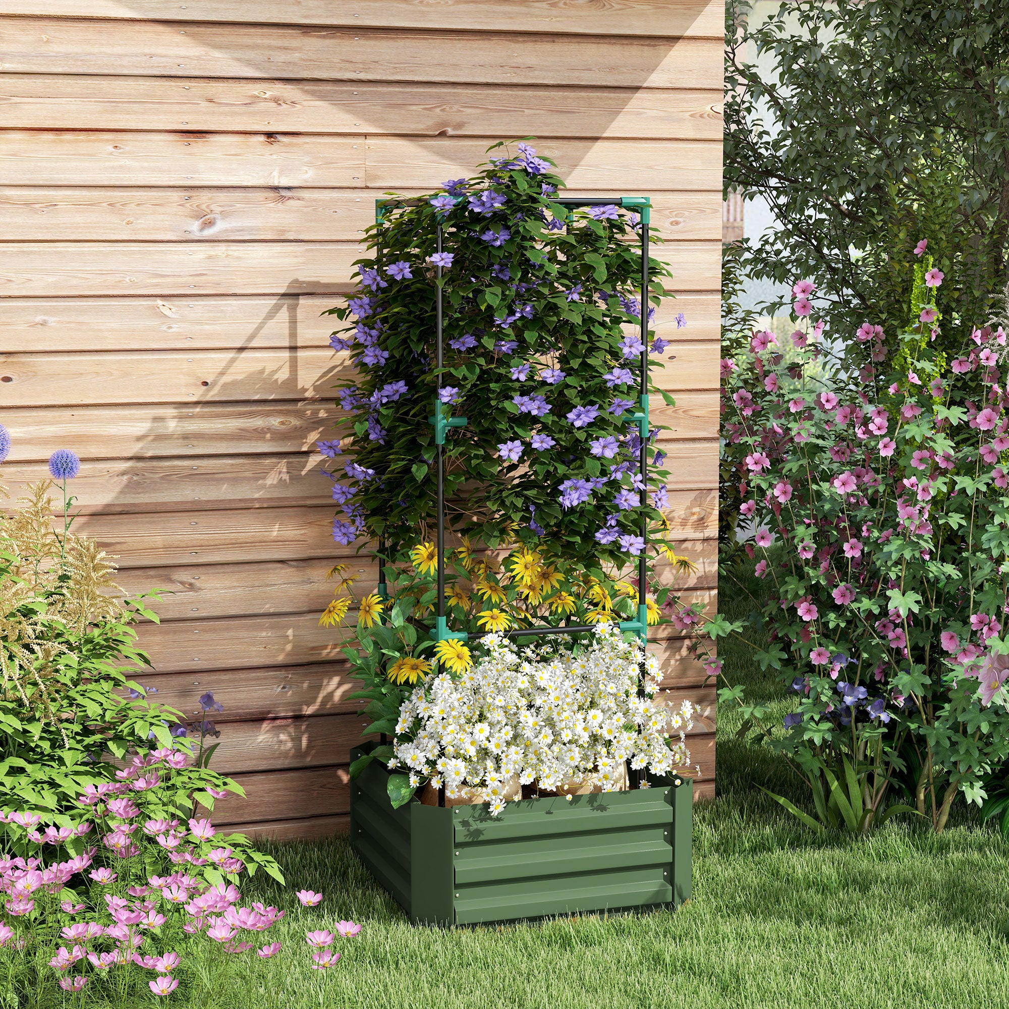 Raised Bed with Trellis, Flower Box with Open Bottom, Vegetable Bed, Plant Box, Herb Bed for Garden, Balcony, Galvanized Steel, Green, 61 x 61 x 140 cm