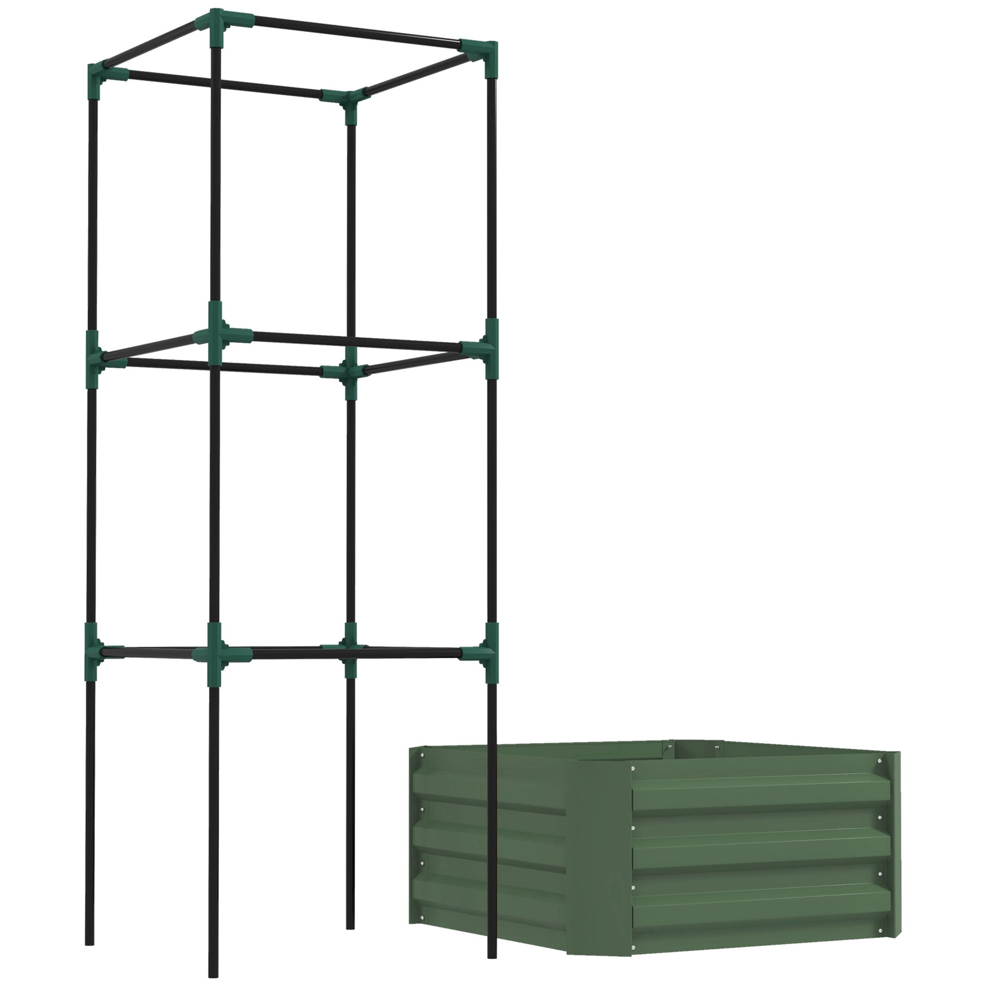 Raised Bed with Trellis, Flower Box with Open Bottom, Vegetable Bed, Plant Box, Herb Bed for Garden, Balcony, Galvanized Steel, Green, 61 x 61 x 140 cm