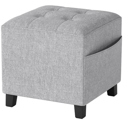 Square Ottoman with Side Pocket, Padded Seat, Rubberwood Legs, Linen-Look Fabric, 13.8 in, Light Gray