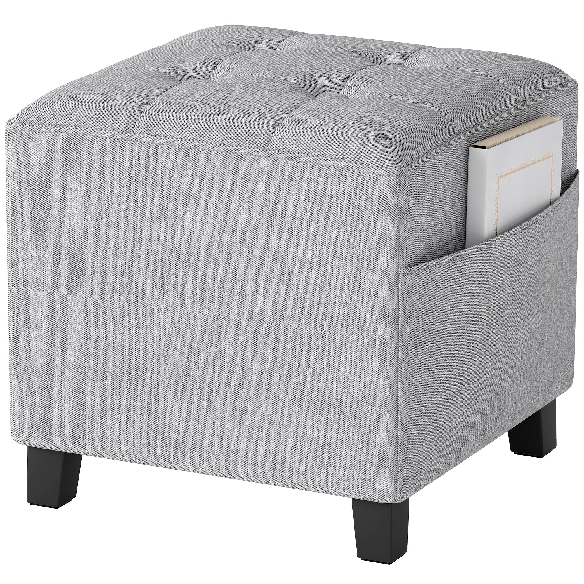 Square Ottoman with Side Pocket, Padded Seat, Rubberwood Legs, Linen-Look Fabric, 13.8 in, Light Gray