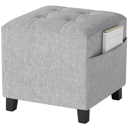 Square Ottoman with Side Pocket, Padded Seat, Rubberwood Legs, Linen-Look Fabric, 13.8 in, Light Gray