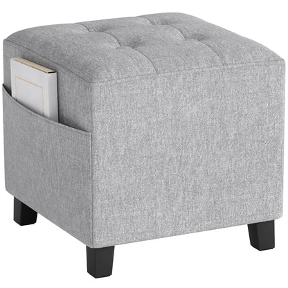 Square Ottoman with Side Pocket, Padded Seat, Rubberwood Legs, Linen-Look Fabric, 13.8 in, Light Gray