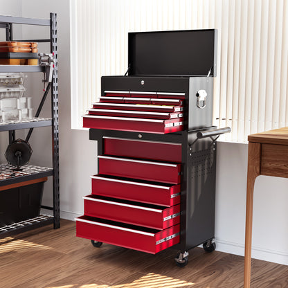 Workshop Trolley with Wheels, Tool Cart with 14 Drawers, Lockable Assembly Trolley with Side Perforated Panel, EVA Mats, Mobile Rolling Cart, Red