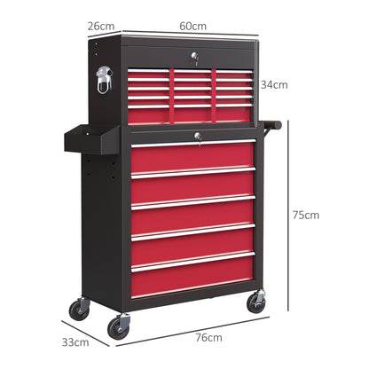 Workshop Trolley with Wheels, Tool Cart with 14 Drawers, Lockable Assembly Trolley with Side Perforated Panel, EVA Mats, Mobile Rolling Cart, Red