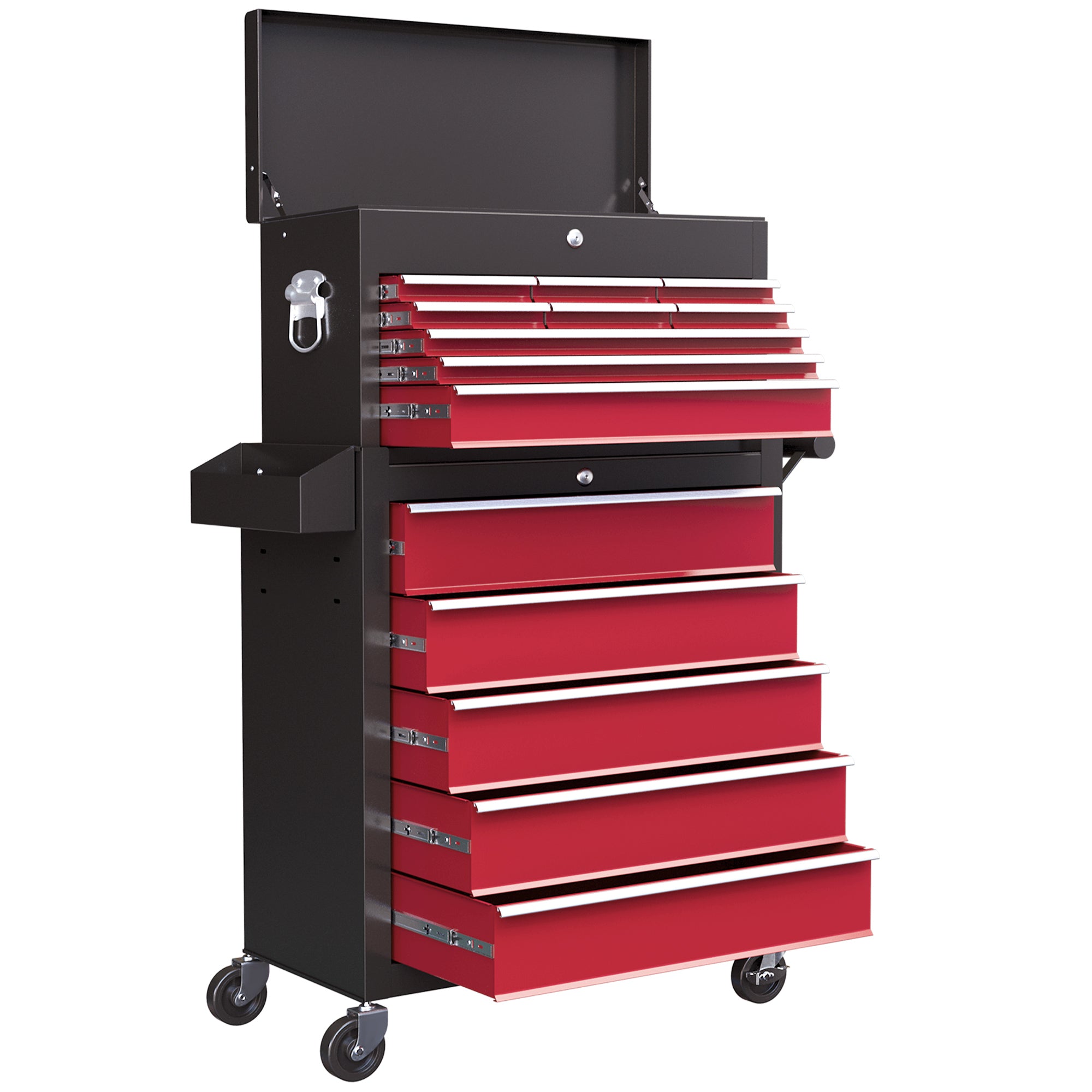 Workshop Trolley with Wheels, Tool Cart with 14 Drawers, Lockable Assembly Trolley with Side Perforated Panel, EVA Mats, Mobile Rolling Cart, Red