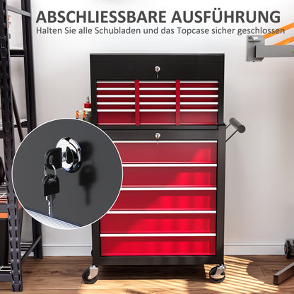 Workshop Trolley with Wheels, Tool Cart with 14 Drawers, Lockable Assembly Trolley with Side Perforated Panel, EVA Mats, Mobile Rolling Cart, Red
