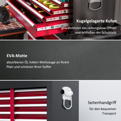 Workshop Trolley with Wheels, Tool Cart with 14 Drawers, Lockable Assembly Trolley with Side Perforated Panel, EVA Mats, Mobile Rolling Cart, Red