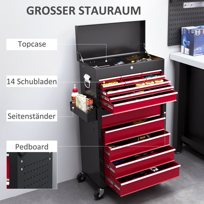 Workshop Trolley with Wheels, Tool Cart with 14 Drawers, Lockable Assembly Trolley with Side Perforated Panel, EVA Mats, Mobile Rolling Cart, Red