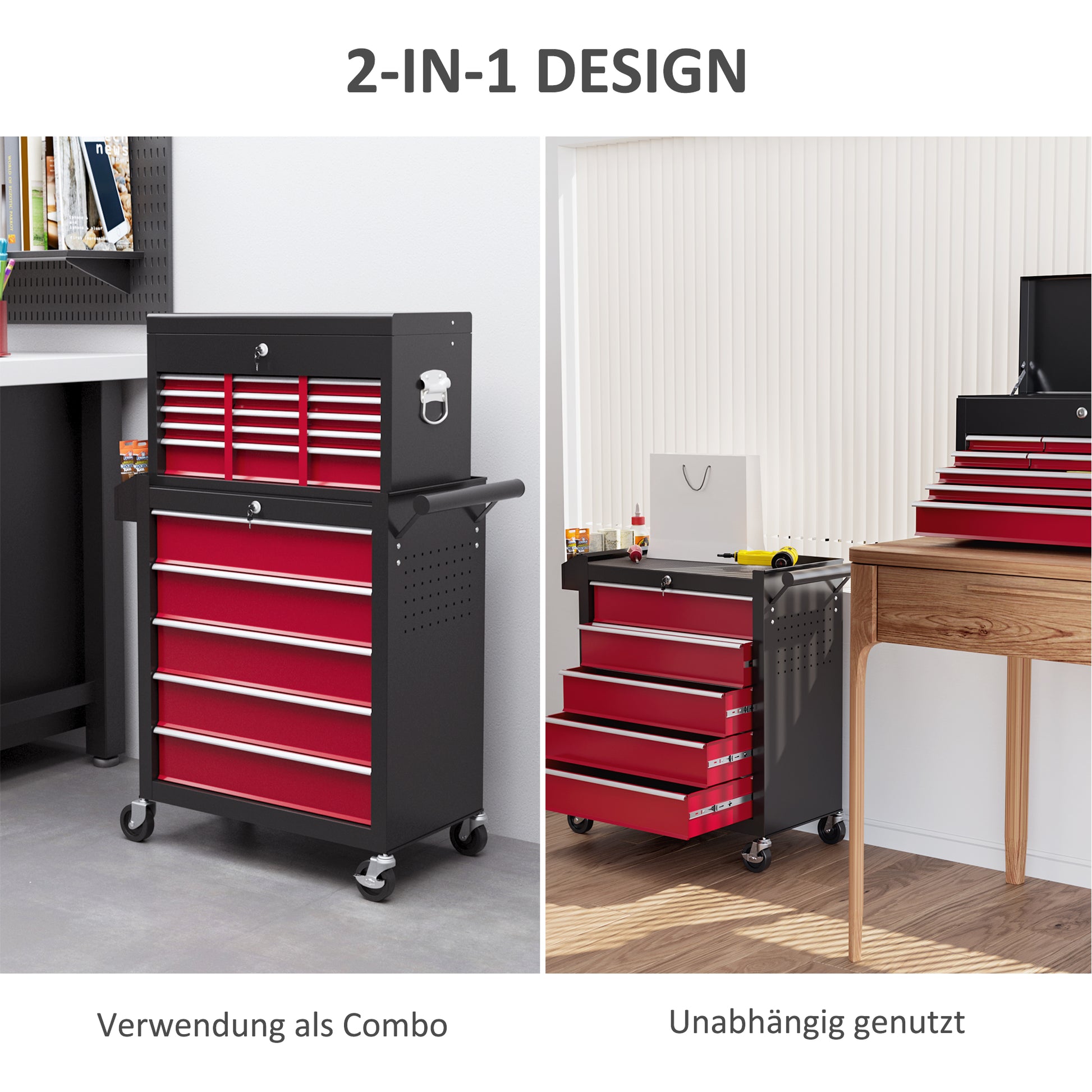 Workshop Trolley with Wheels, Tool Cart with 14 Drawers, Lockable Assembly Trolley with Side Perforated Panel, EVA Mats, Mobile Rolling Cart, Red