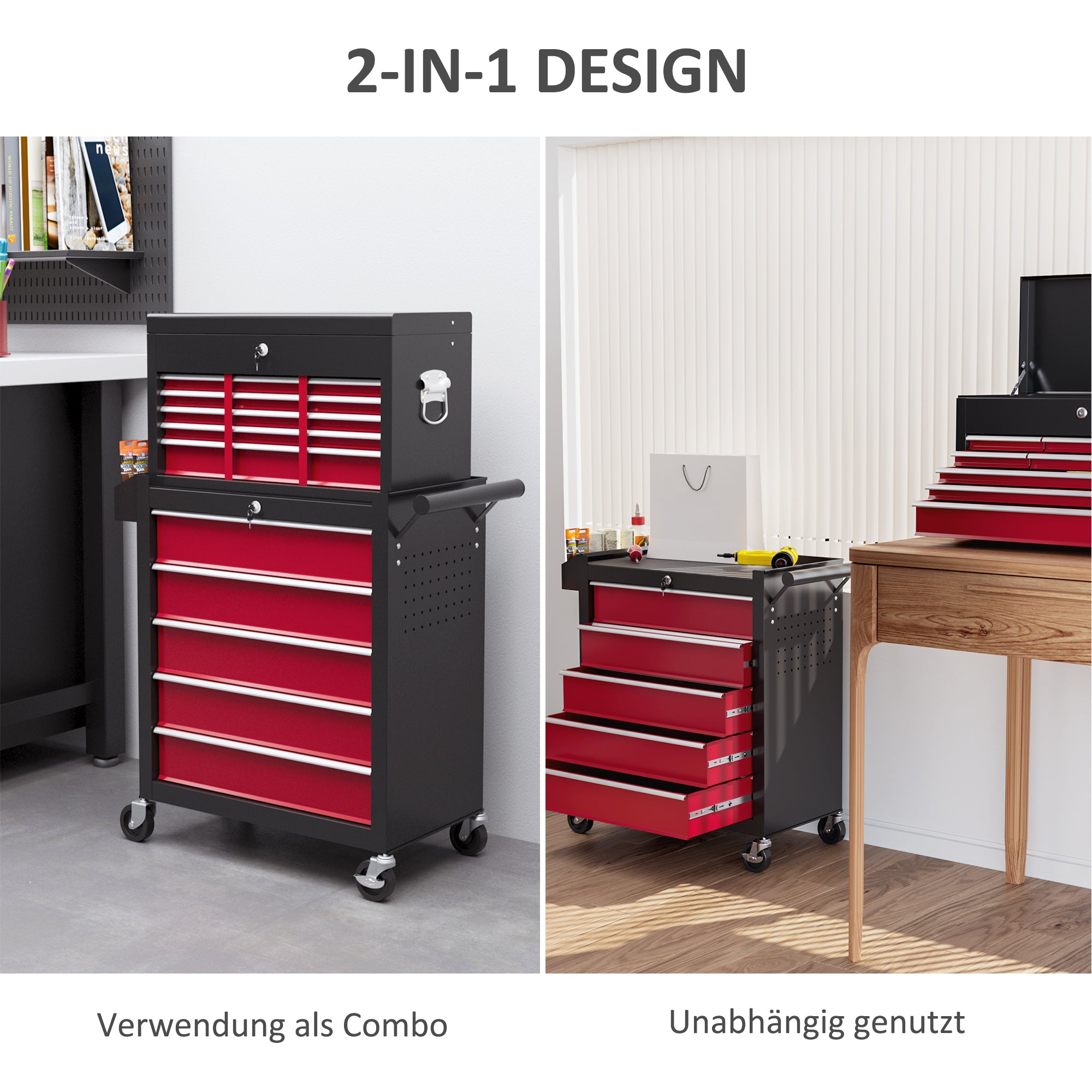 Workshop Trolley with Wheels, Tool Cart with 14 Drawers, Lockable Assembly Trolley with Side Perforated Panel, EVA Mats, Mobile Rolling Cart, Red