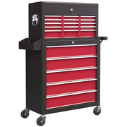 Workshop Trolley with Wheels, Tool Cart with 14 Drawers, Lockable Assembly Trolley with Side Perforated Panel, EVA Mats, Mobile Rolling Cart, Red