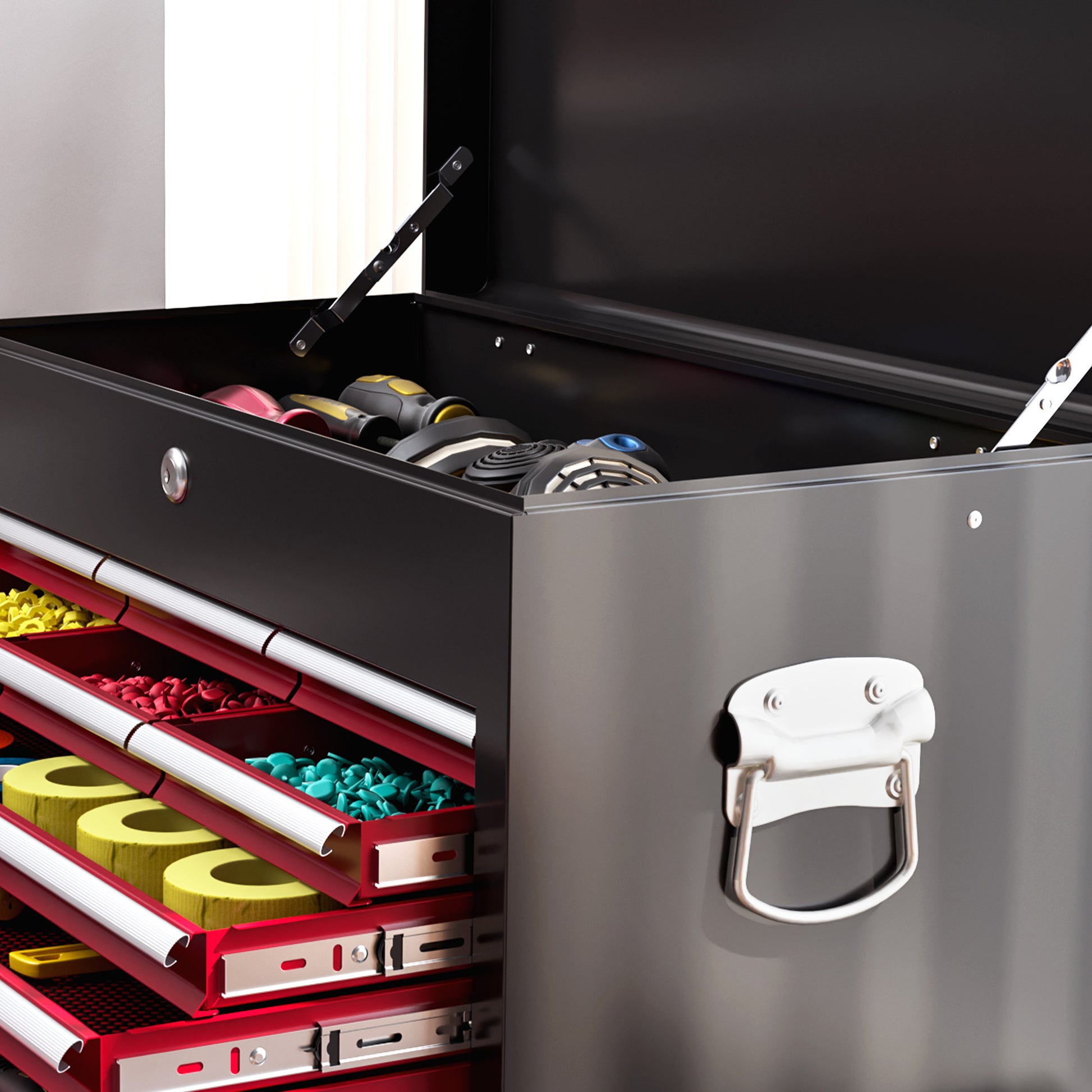 Workshop Trolley with Wheels, Tool Cart with 14 Drawers, Lockable Assembly Trolley with Side Perforated Panel, EVA Mats, Mobile Rolling Cart, Red