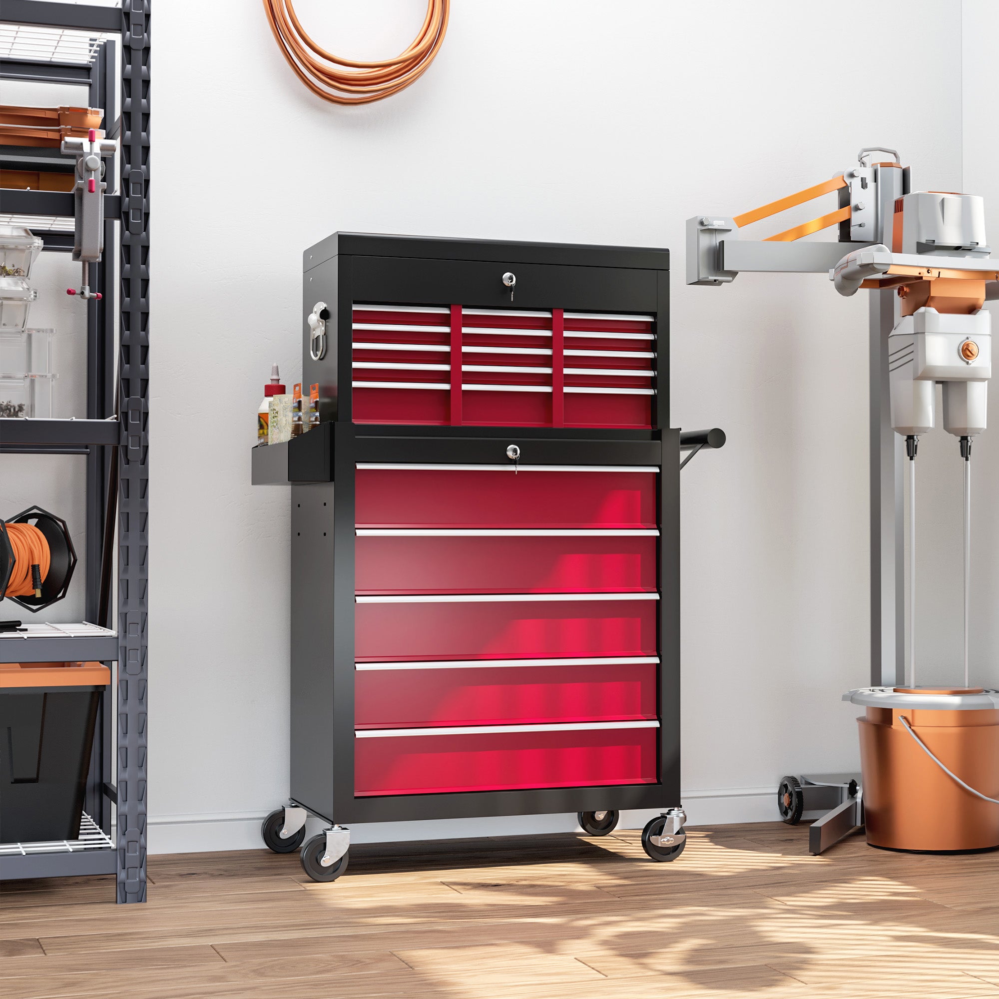 Workshop Trolley with Wheels, Tool Cart with 14 Drawers, Lockable Assembly Trolley with Side Perforated Panel, EVA Mats, Mobile Rolling Cart, Red