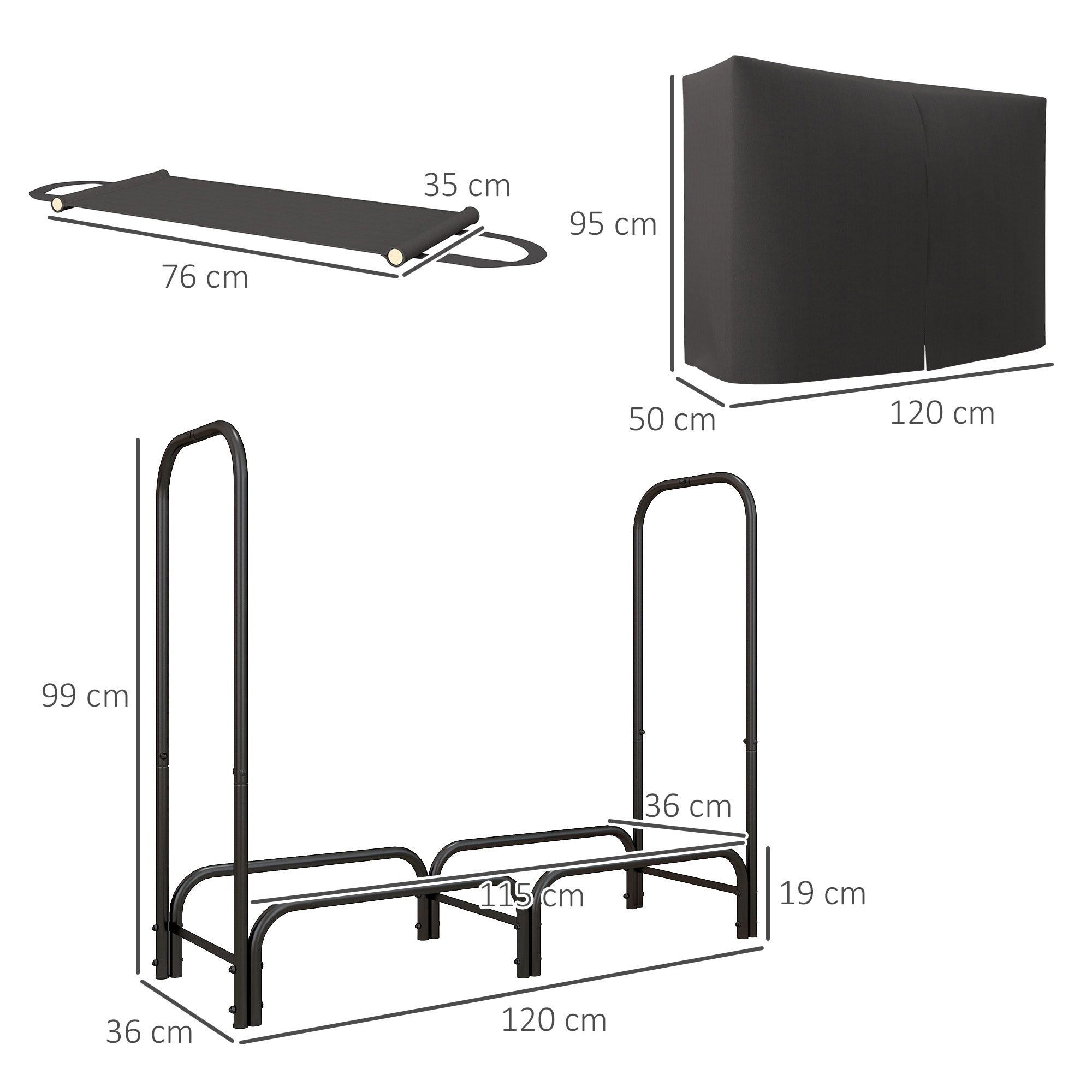 Firewood Rack Metal 120 x 36 x 99cm Firewood Rack with Waterproof Cover Protective Cover Outdoor Wood Rack up to 150kg Firewood Rack for Firewood, Fireplace Wood Storage for Garden Outside Black